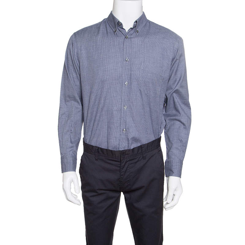 Ermenegildo Zegna Navy Blue and Grey Houndstooth Pattern Button Down Shirt XL