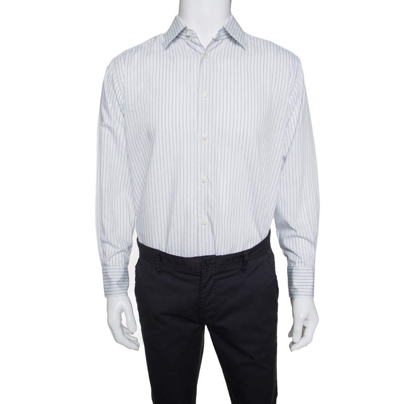 Ermenegildo Zegna Light Blue and Brown Striped Cotton Regular Fit Shirt L