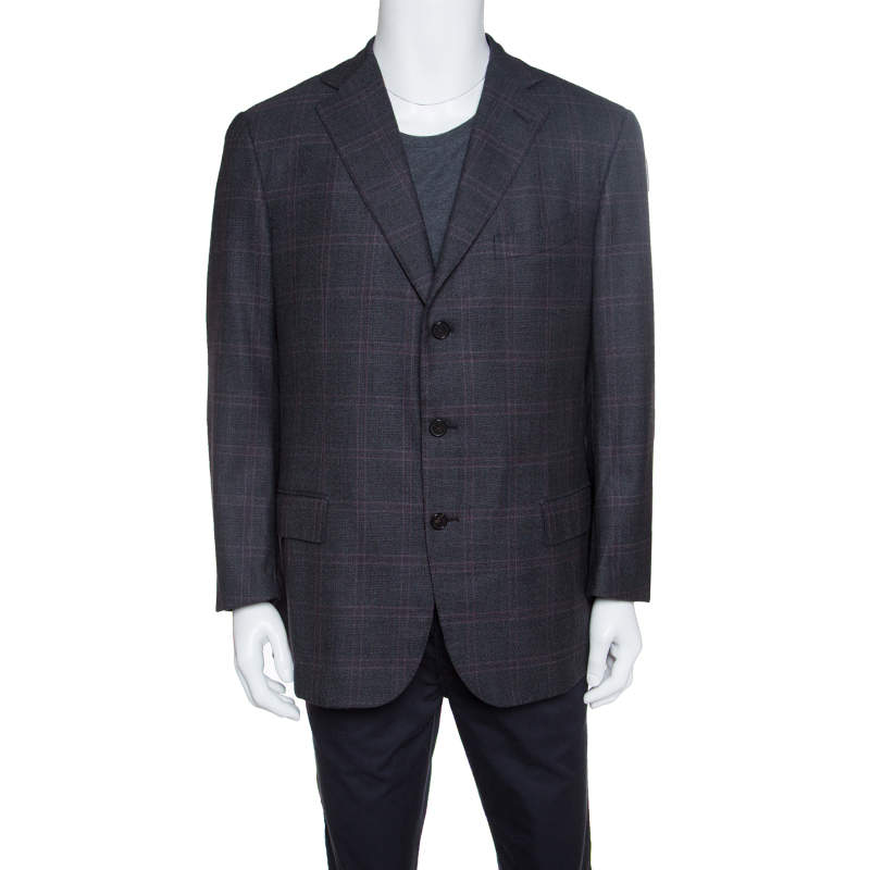 Pre Owned Ermenegildo Zegna Dark Grey Tartan Plaid Wool Blazer XXL