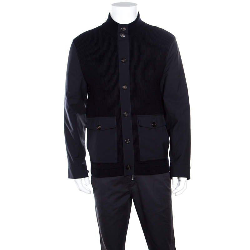 Pre Owned Ermenegildo Zegna High Performance Navy Blue Wool Leather Trim Detail Zip Front Cardigan S