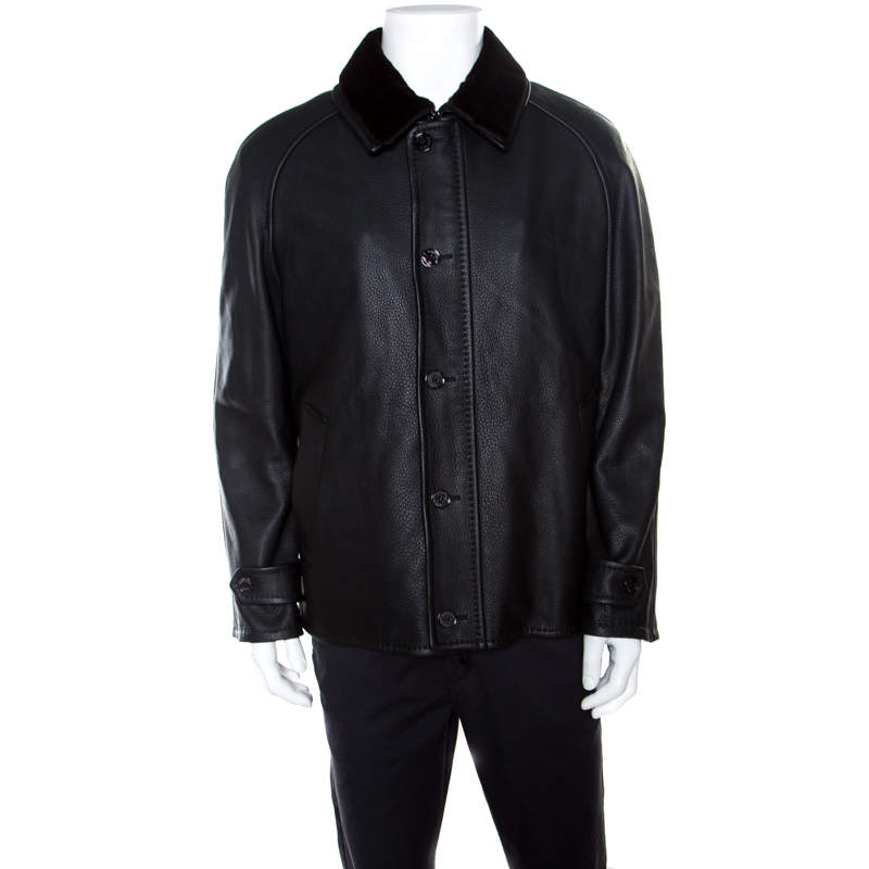 Pre Owned Ermenegildo Zegna Black Mink Fur Collar Detail Zip Front Deer Leather Jacket 3XL