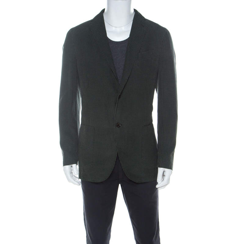 Pre Owned Ermenegildo Zegna Dark Green Checkered Seersucker Silk Regular Fit Blazer L