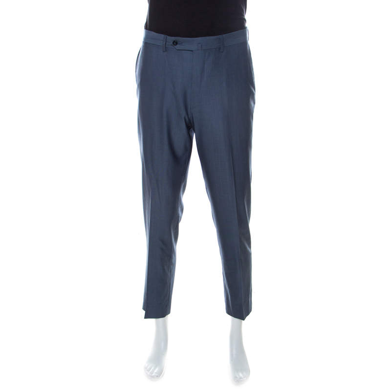 Pre Owned Ermenegildo Zegna Blue-Grey Wool & Silk Blend Slim Fit Trofeo 600 Trousers XL