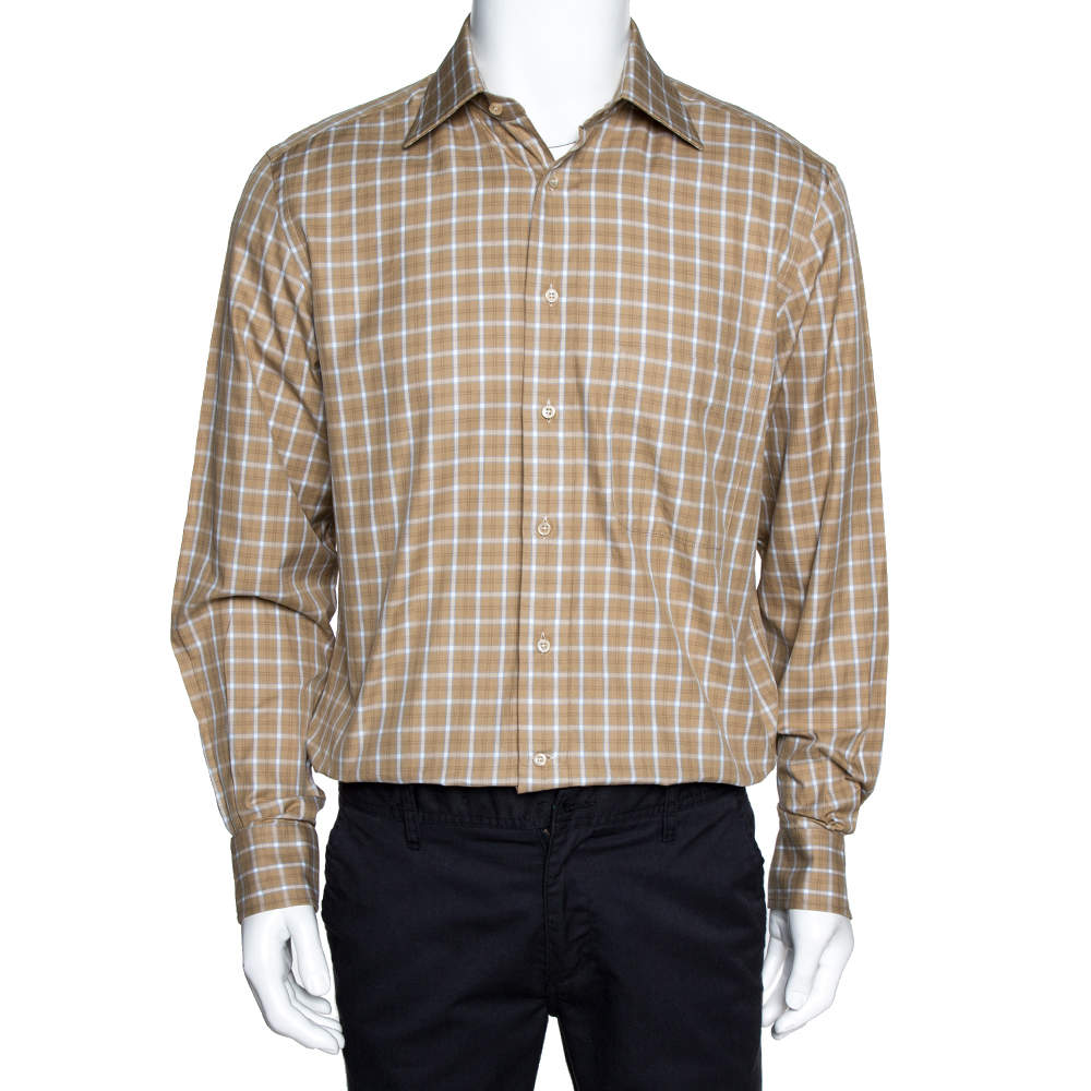 Pre Owned قميص ايرمنيجيلدو زينيا أكمام طويلة قطن كاروهات بيج M