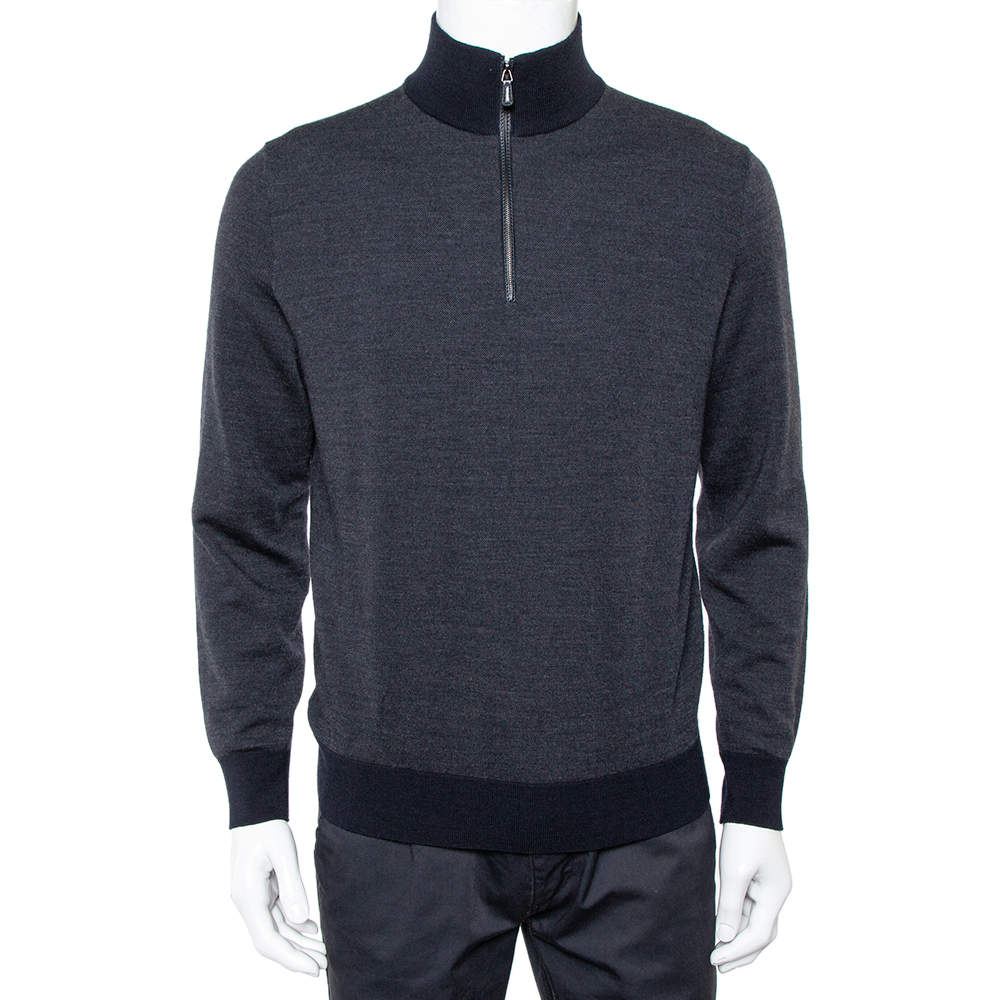 Pre Owned Ermenegildo Zegna Navy Blue Wool and Cashmere Leather Zipper Front Detail Sweater XXL
