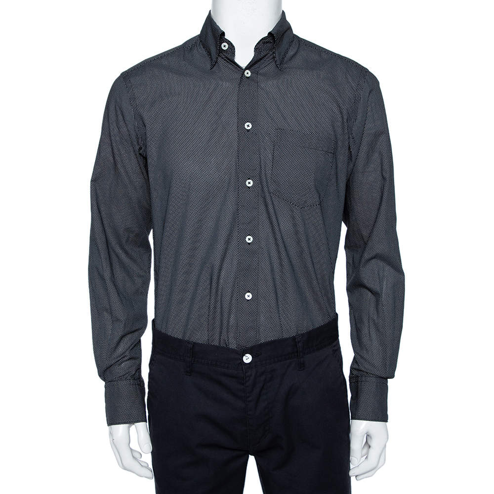 Pre Owned قميص أيرمنجليدو زينيا قطن أسود منقط مطبوع بأزرار أمامية مقاس متوسط - ميديوم