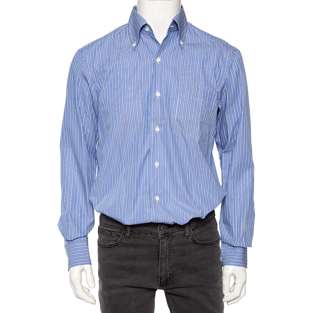مملوكة مسبقًا Ermenegildo Zegna Blue Striped Cotton Buttoned-Down Shirt L 