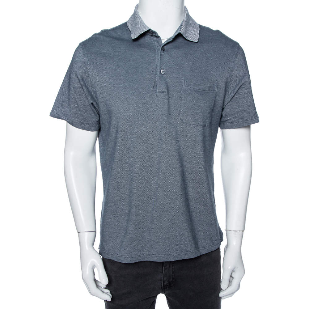 Pre Owned Ermenegildo Zegna Grey Cotton Pique Contrast Collar Detail Polo T-Shirt L 
