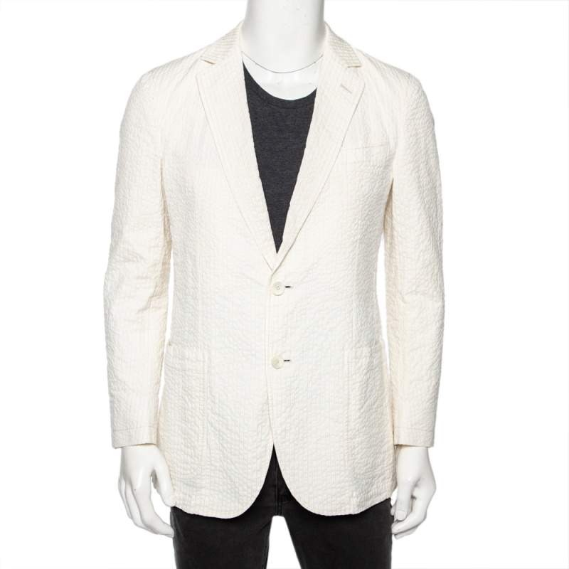 Pre Owned Ermenegildo Zegna Ivory Striped Seer Sucker Cotton Single Breasted Blazer M