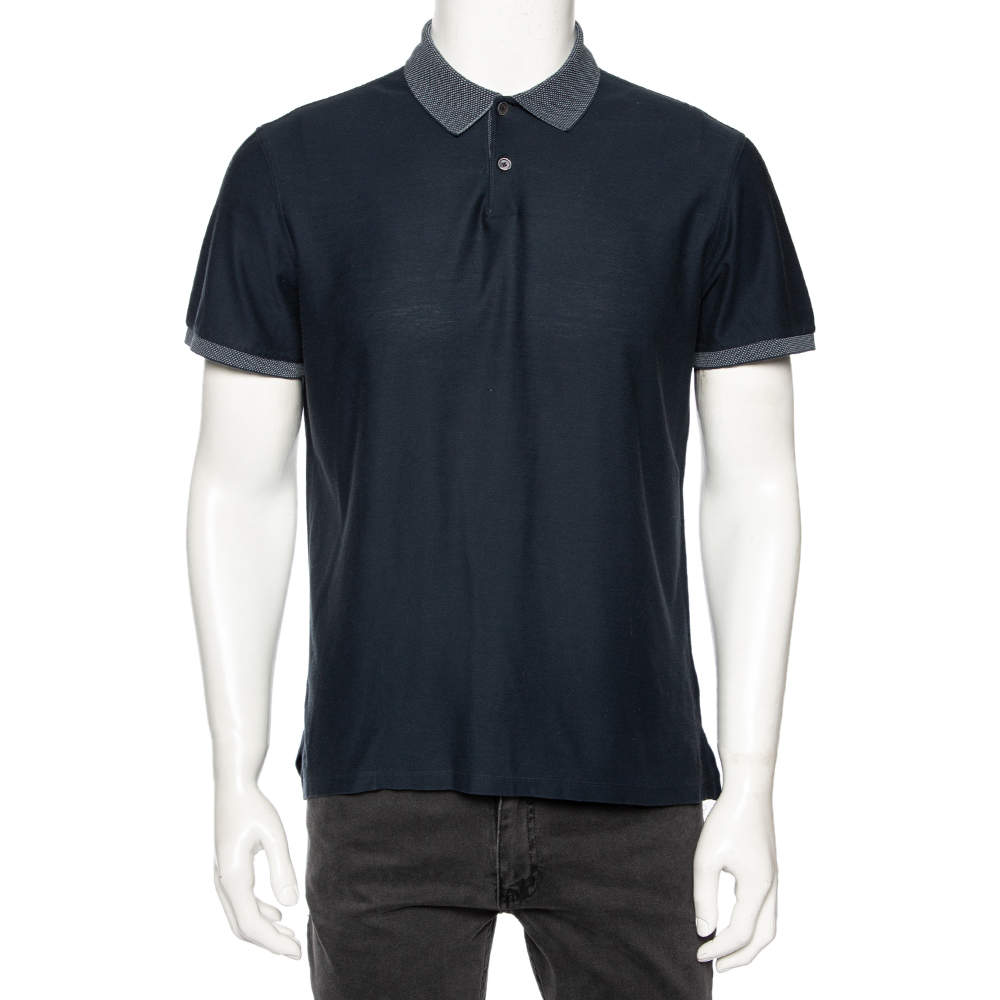 Pre Owned Ermenegildo Zegna Teal Green Cotton Knit Contrast Trim Polo T-Shirt M
