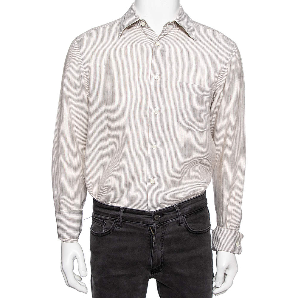 Pre Owned Ermenegildo Zegna Brown Striped Linen Button Front Shirt L