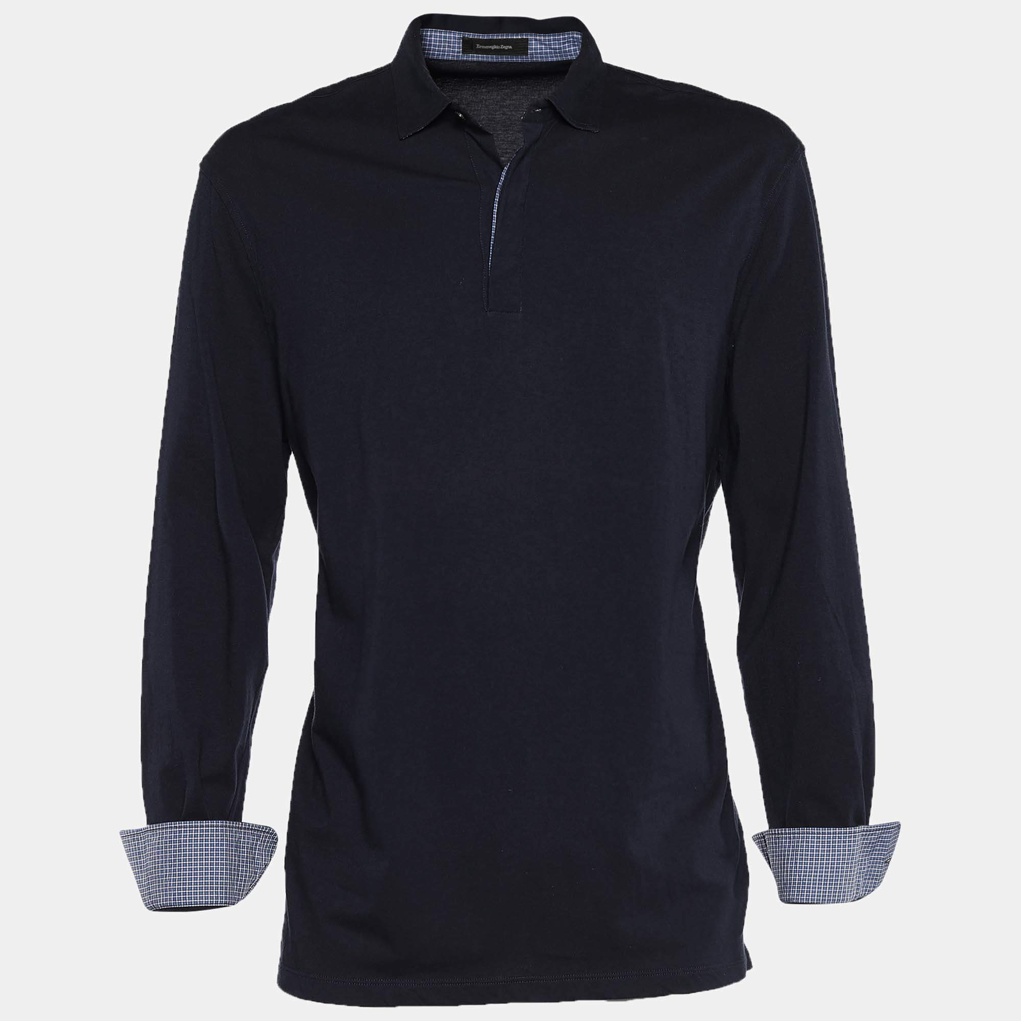 Pre Owned Ermenegildo Zegna Navy Blue Cotton Long Sleeve Polo T-Shirt XL