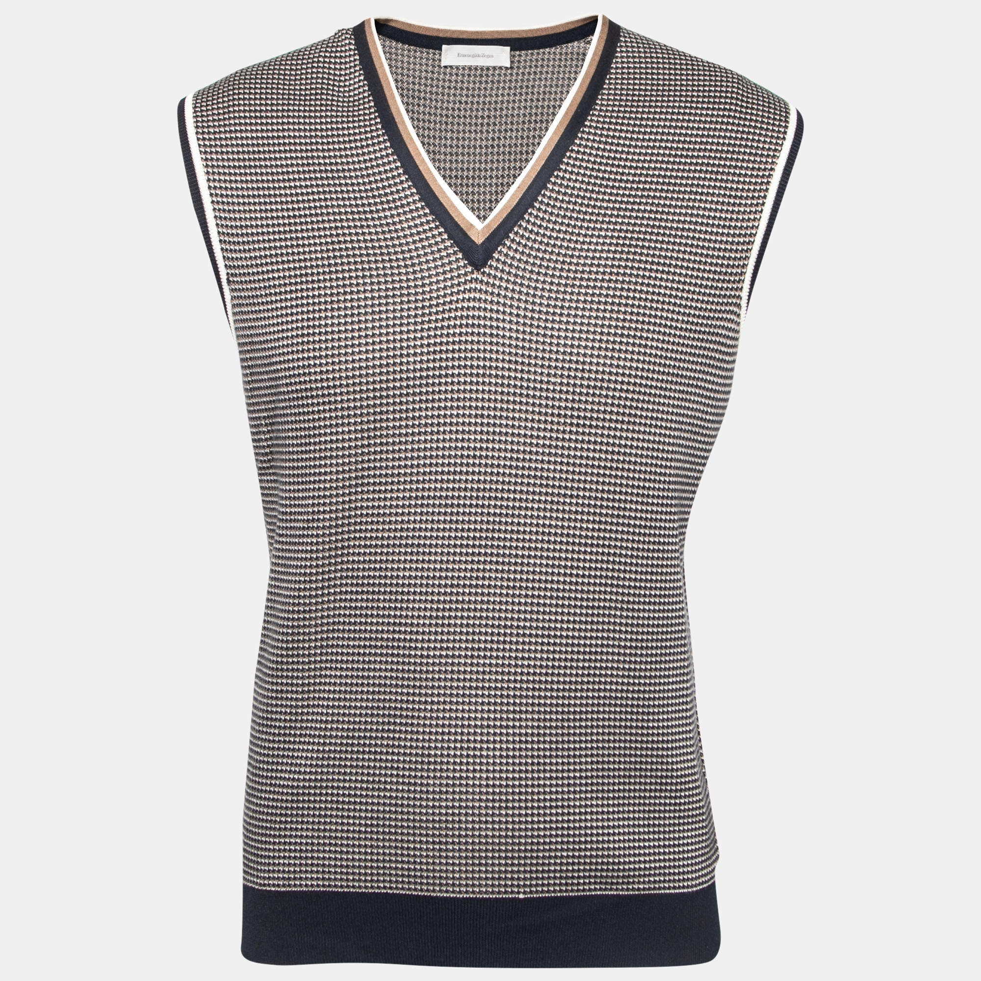 مملوكة مسبقًا جيليه إيرمنجليدو زينيا حرير تريكو بني وأزرق كحلي رقبة حرف في مقاس كبير - لارج