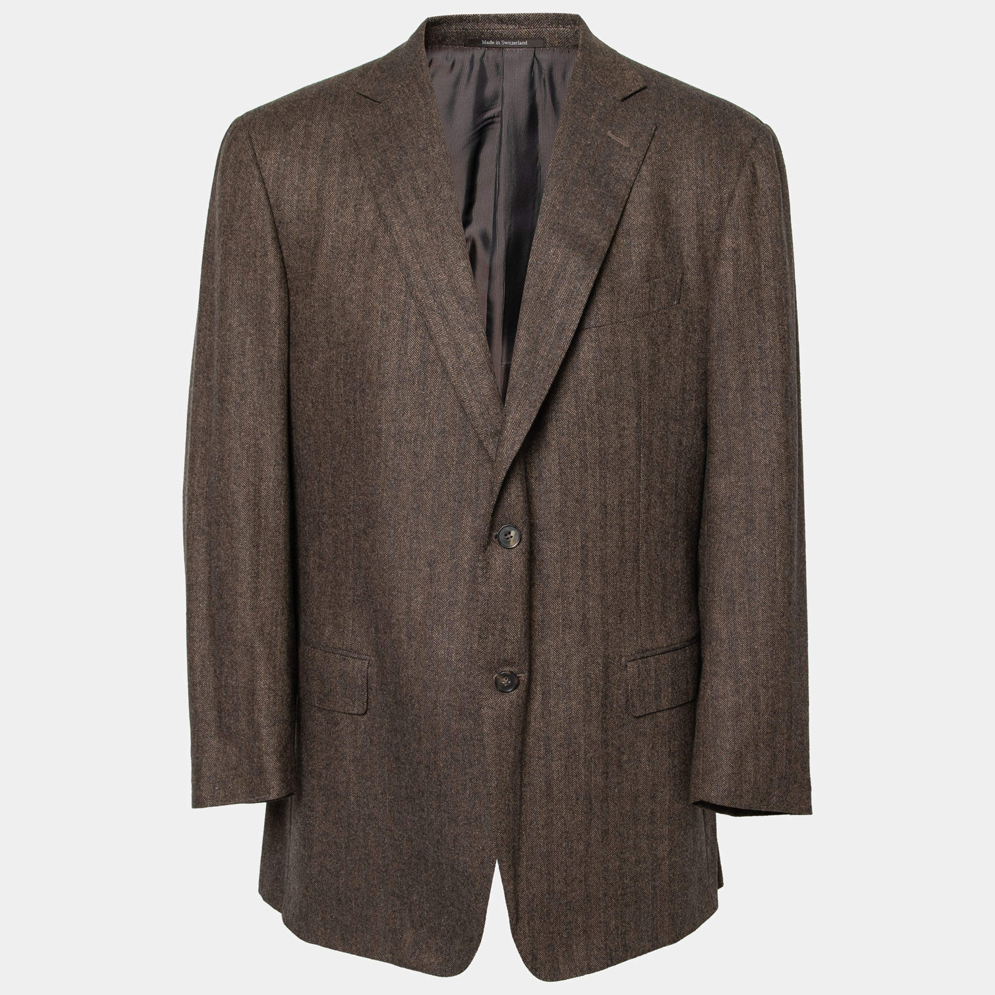 مملوكة مسبقًا جاكيت ايرمنيجيلدو زينيا كاشمير تروفيو بني نمط متعرج بصف أزرار واحد مقاس 3 إكس أل