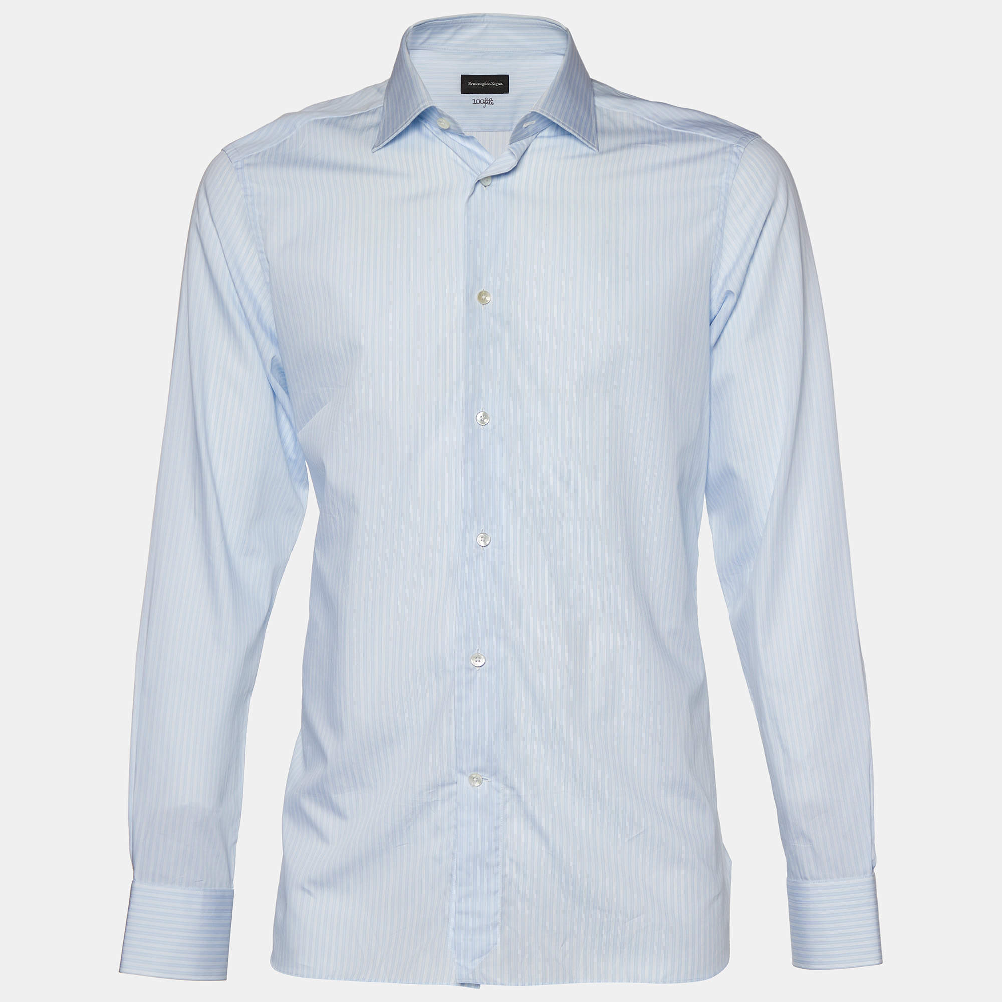 Pre Owned Ermenegildo Zegna Light Blue Striped Cotton 100Fili Tailored Fit Shirt L