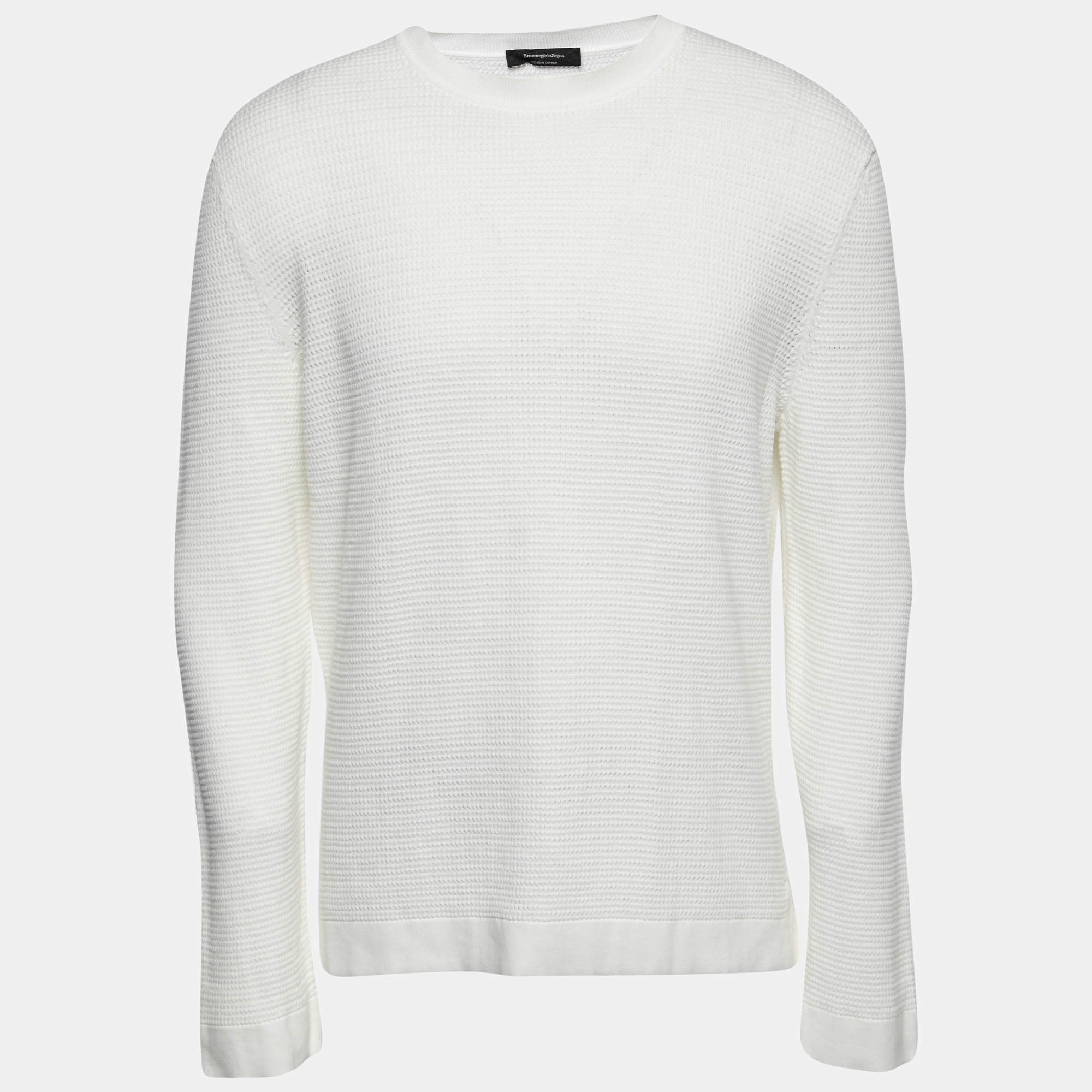 Pre Owned Ermenegildo Zegna White Textured Cotton Knit Sweater 2XL