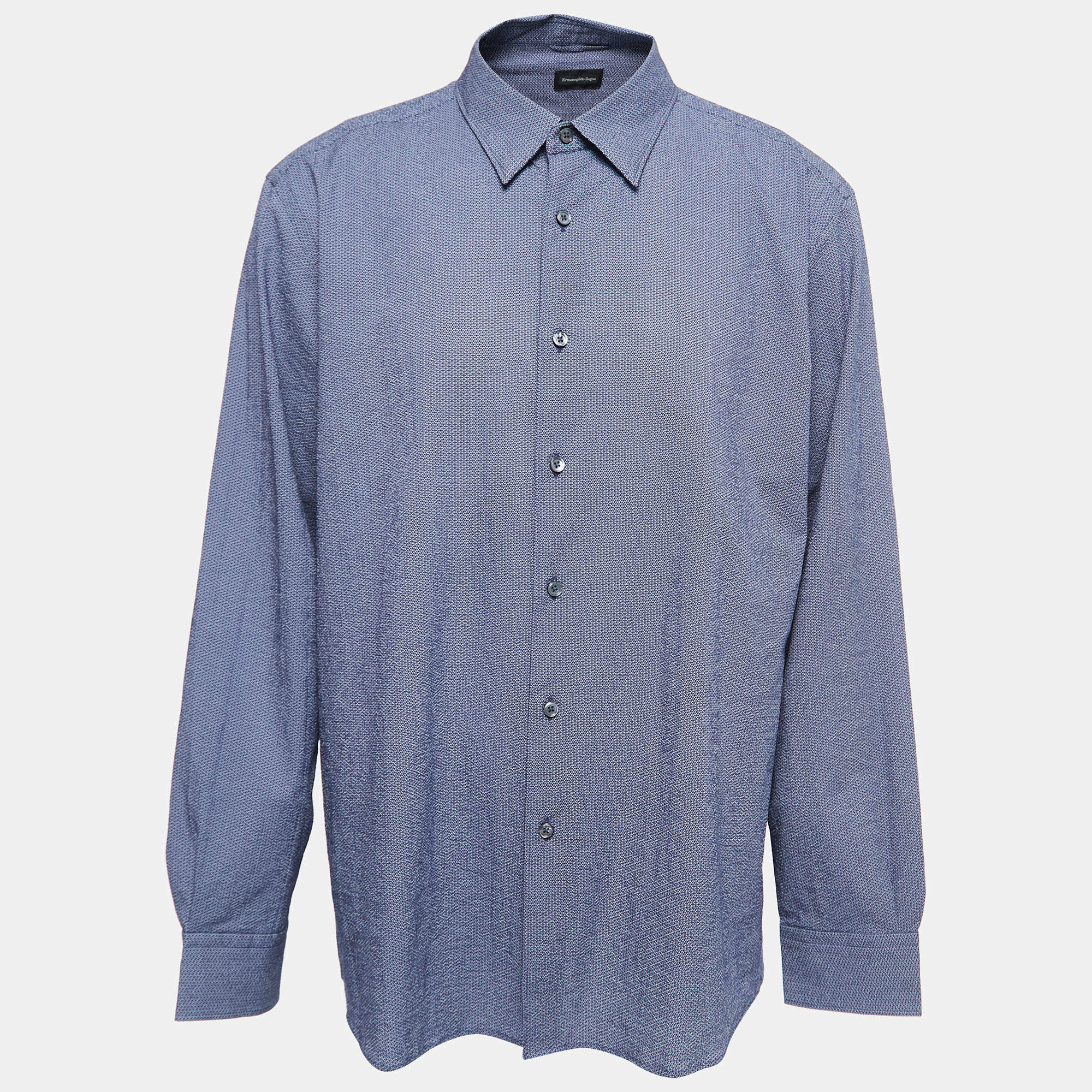 Ermenegildo Zegna Blue Patterned Cotton Button Front Shirt 3XL