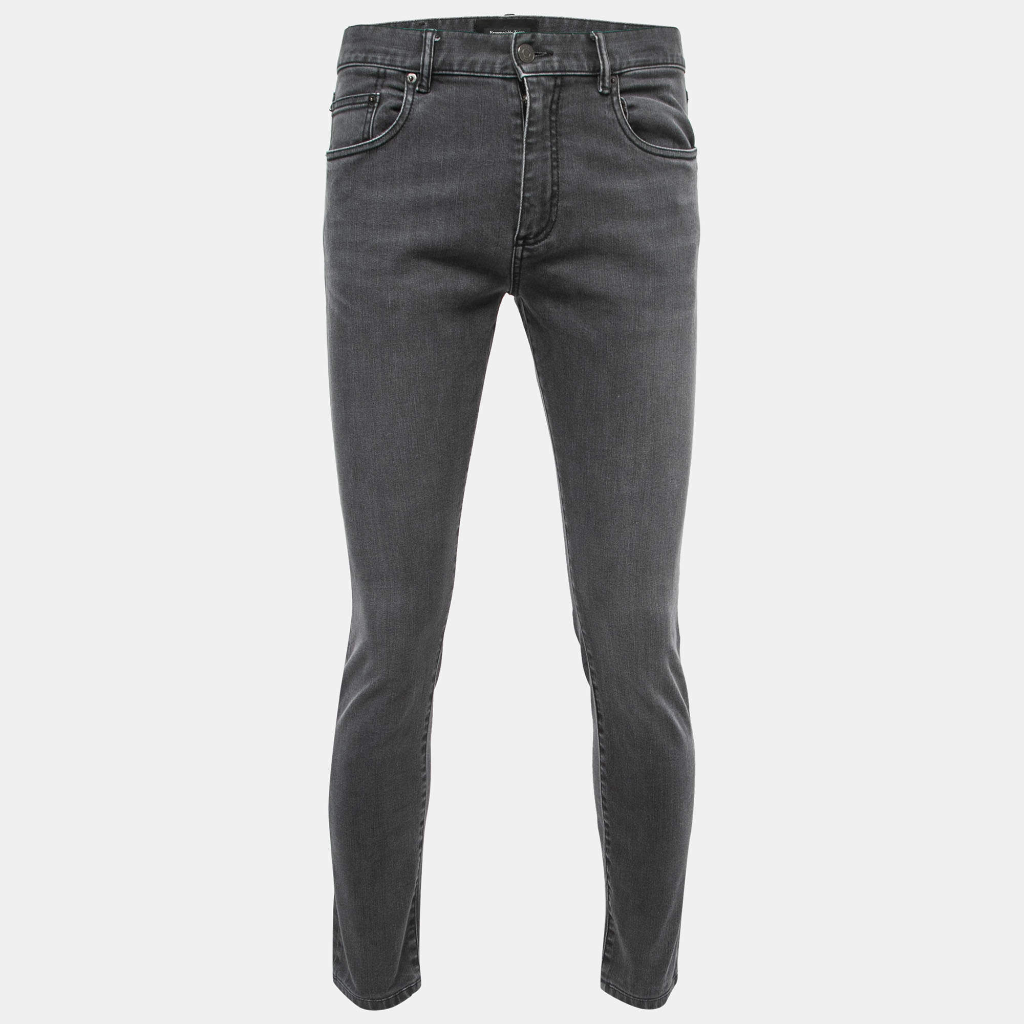 Pre Owned Ermenegildo Zegna Grey Washed Denim Tapered Leg Jeans M Waist 32"