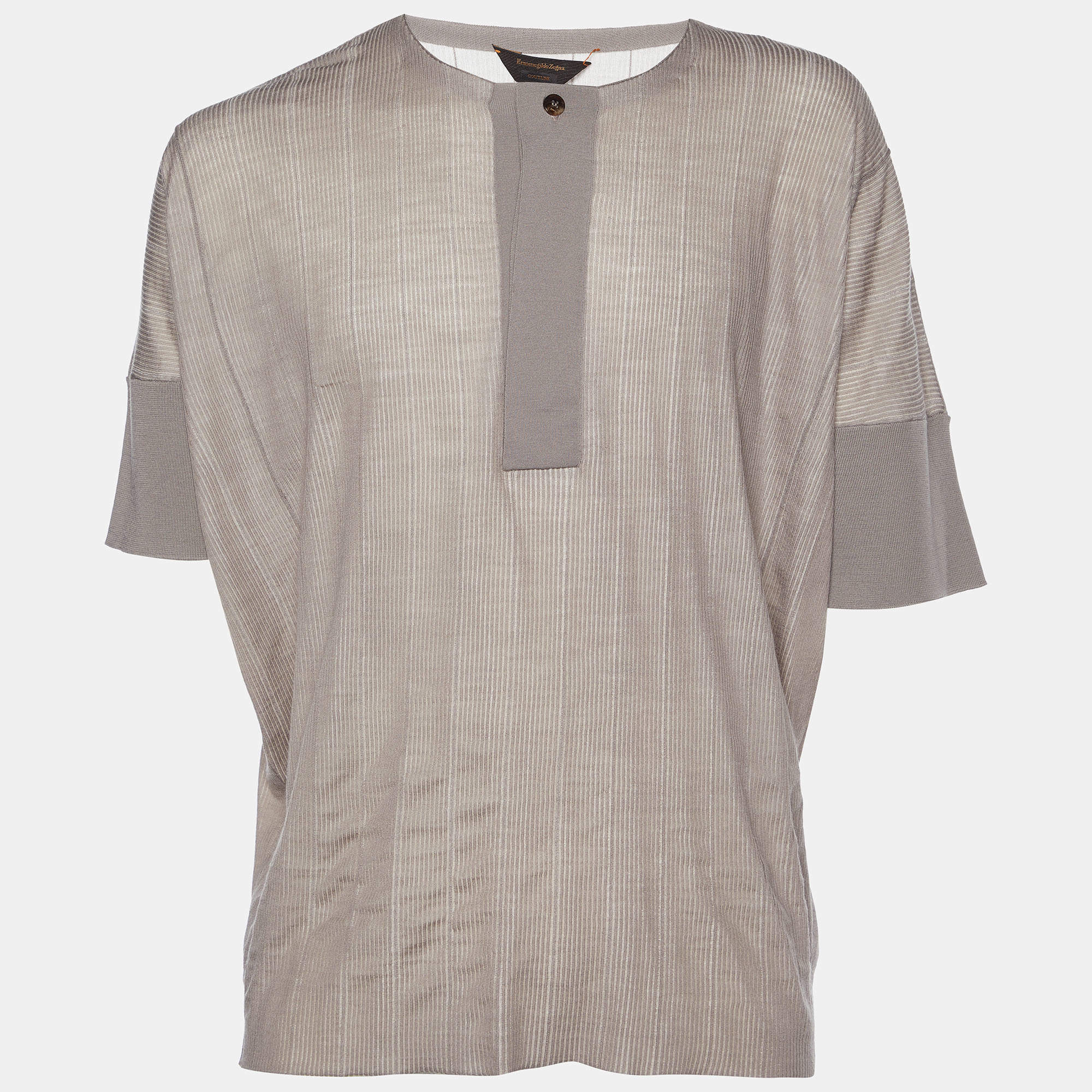 Pre Owned Ermenegildo Zegna Couture Brown Striped Wool & Cashmere Knit Oversized T-Shirt XXL