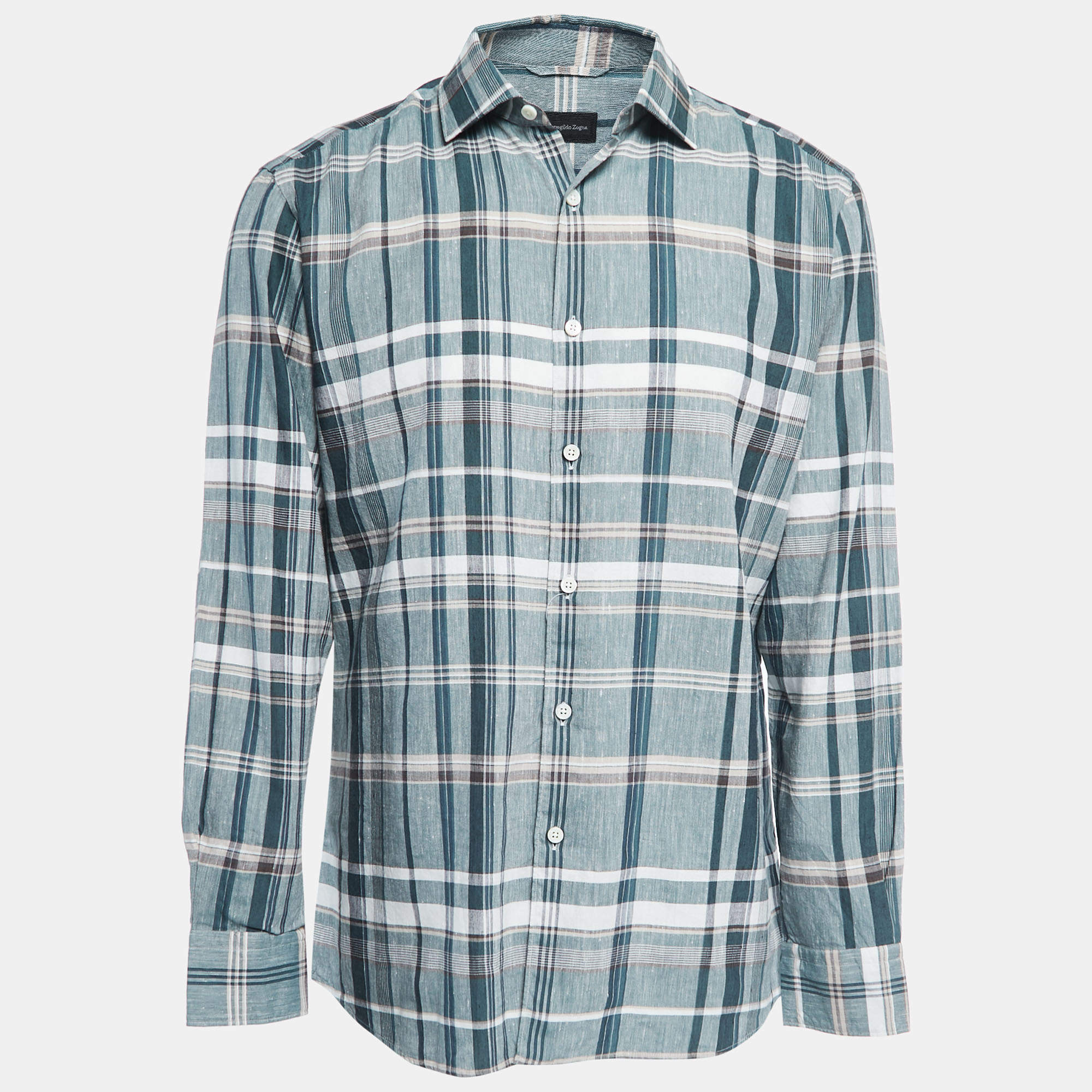 Pre Owned Ermenegildo Zegna Green Plaid Cotton Button Front Full Sleeve Shirt L