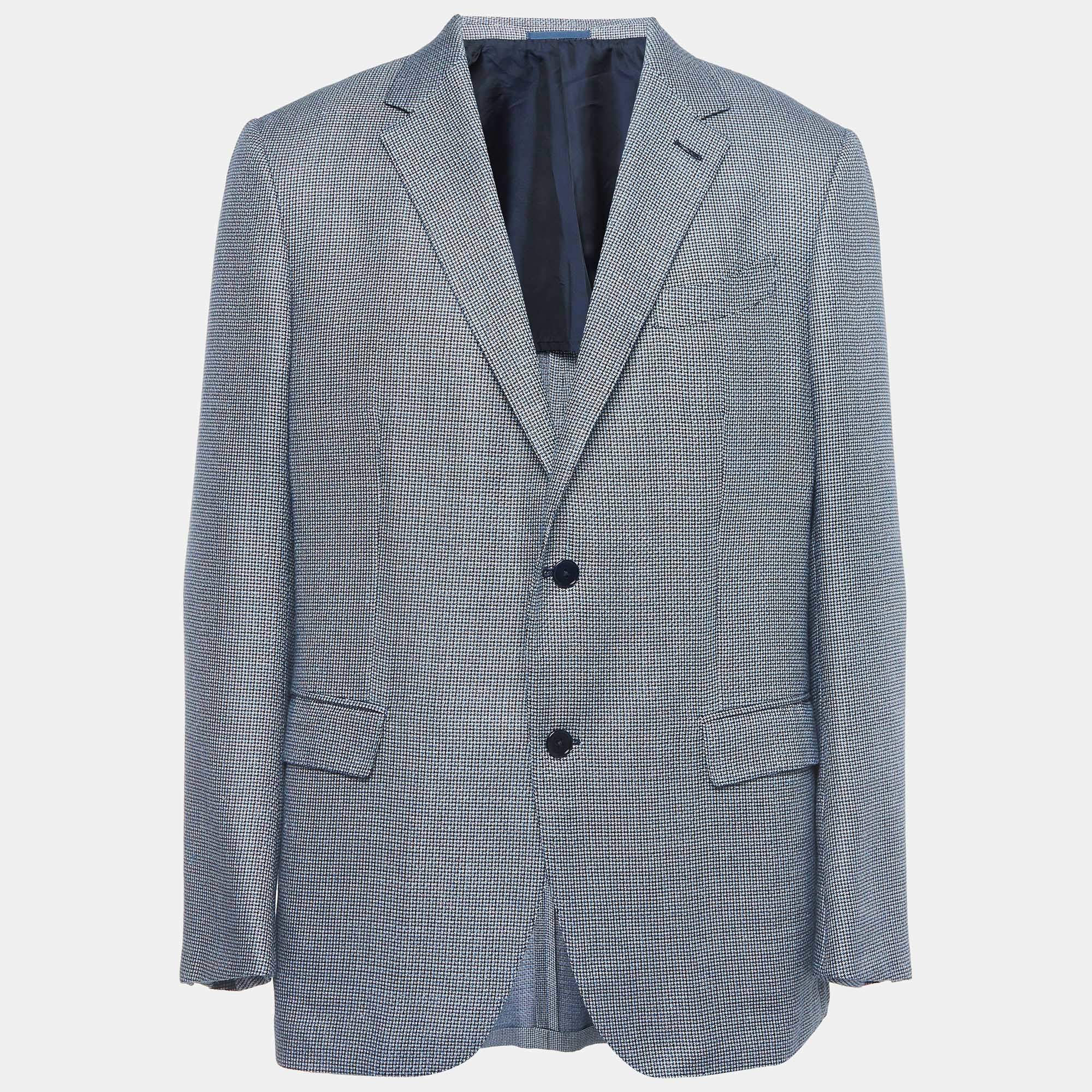 Pre Owned Ermenegildo Zegna Blue Patterned Silk Blend Single Breasted Blazer XXXL