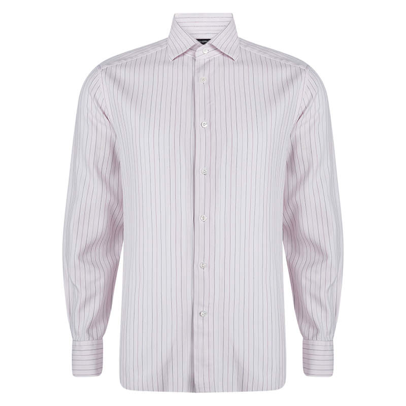 مملوكة مسبقًا قميص ايرمنيجيلدو زينيا أزرار أمامية أكمام طويلة مخطط قطن وردي XXL