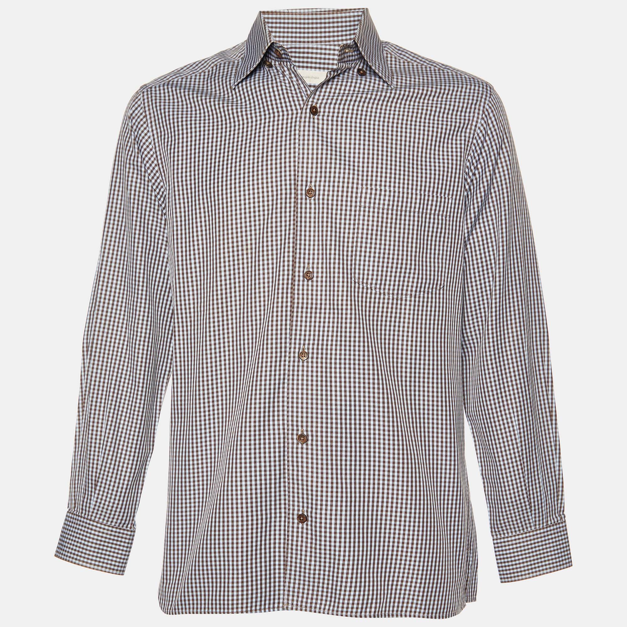 Ermenegildo Zegna Blue Micro Checked Cotton Button Down Shirt M