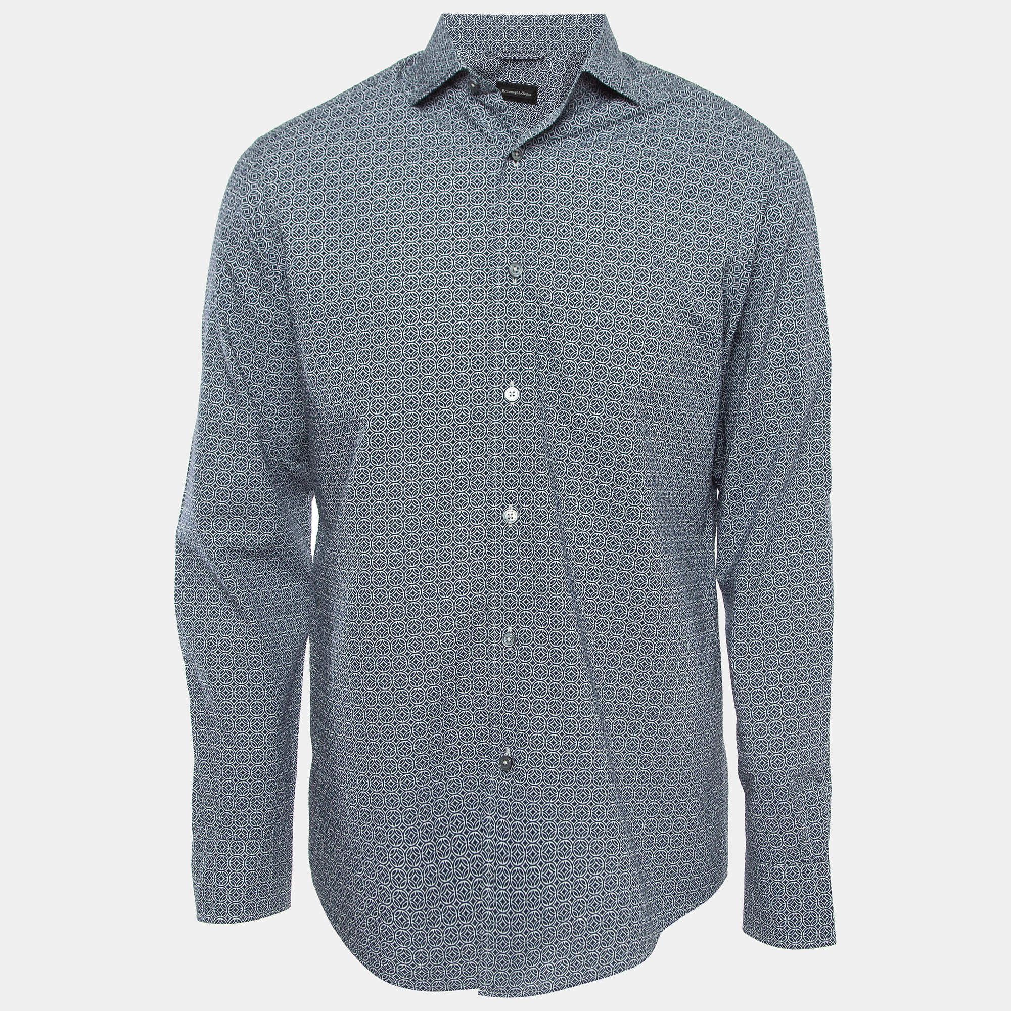 Ermenegildo Zegna Blue Printed and Textured Cotton Shirt M