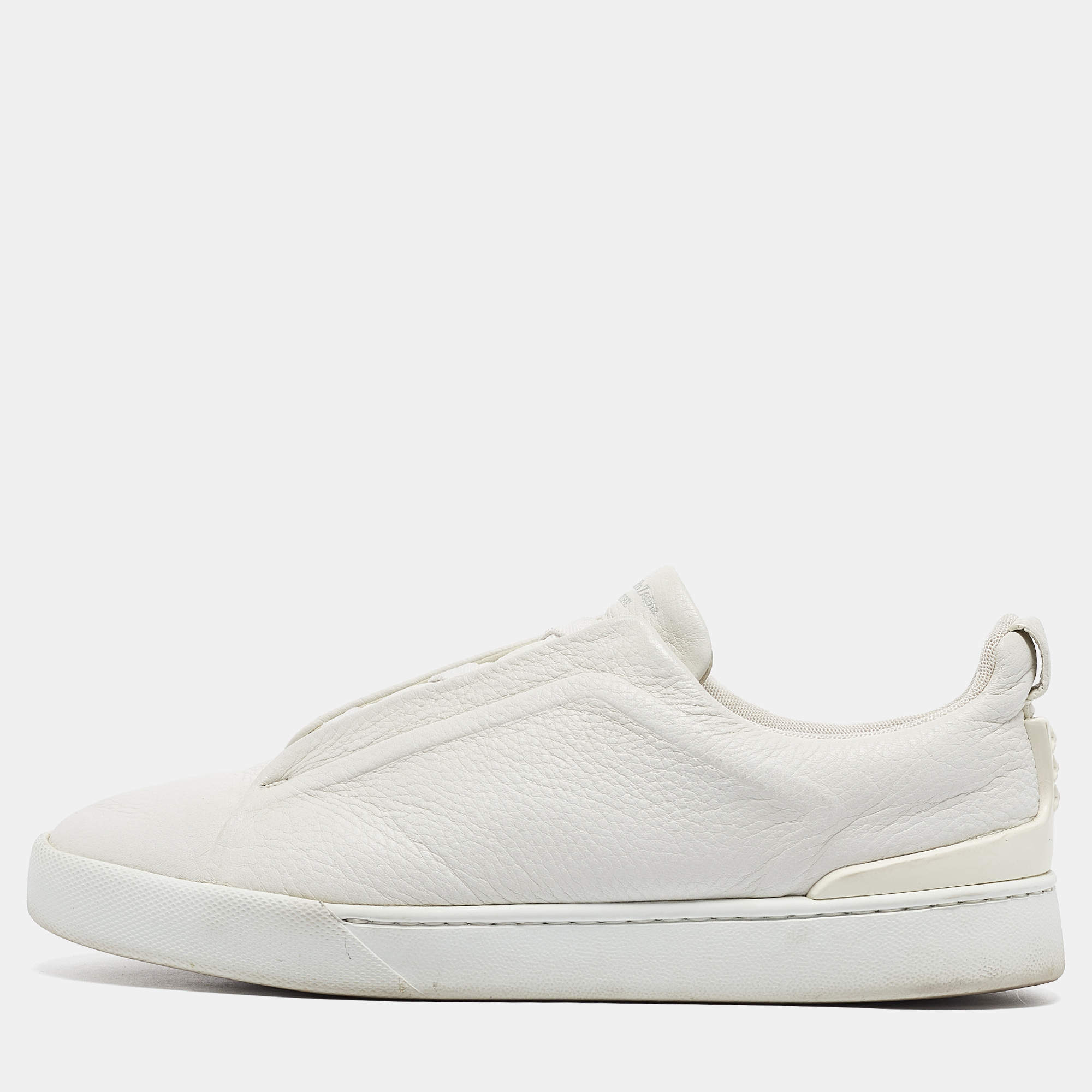 Ermenegildo Zegna Couture White Leather Triple Stitch Slip On Sneakers Size 44