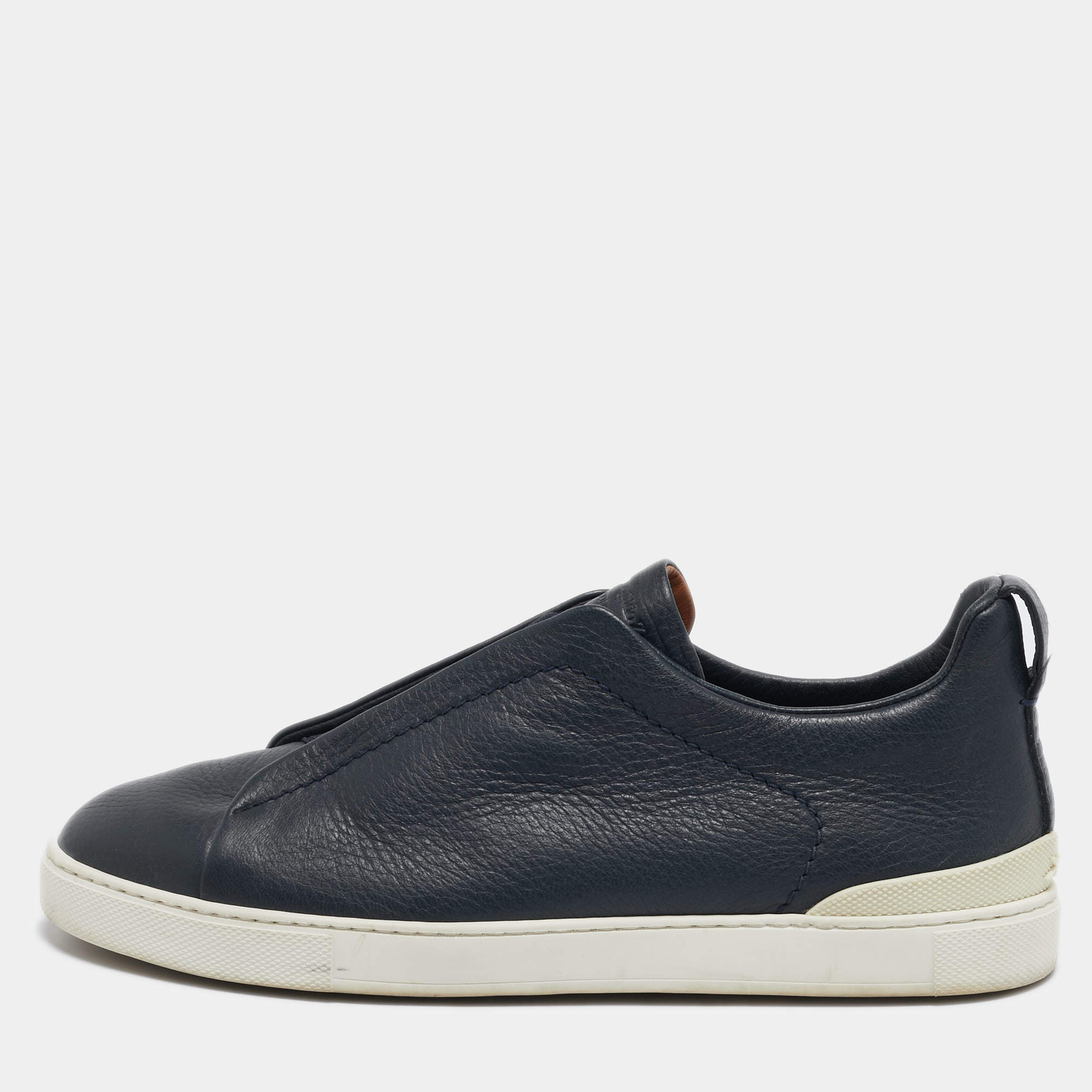 Ermenegildo Zegna Navy Blue Leather Triple Stitch Slip On Sneakers Size 41