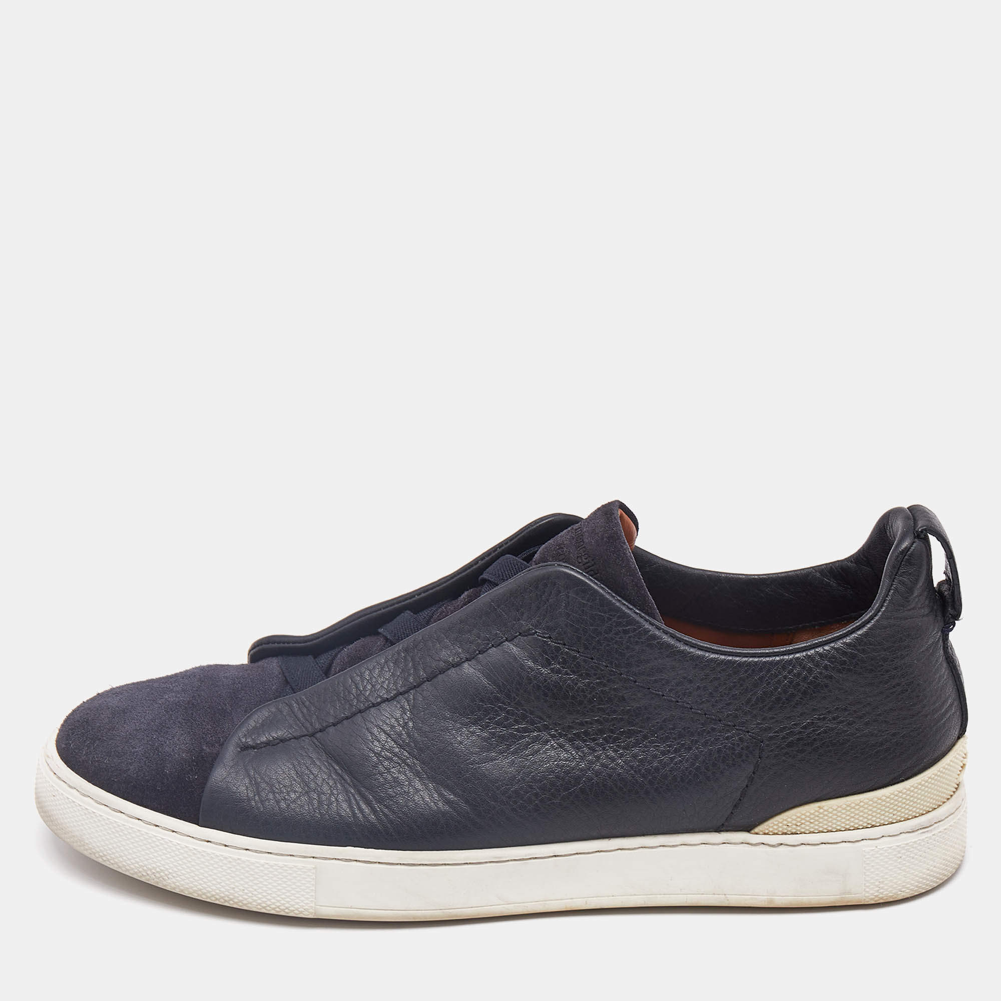 Pre Owned Ermenegildo Zegna Black/Navy Blue Leather and Suede Triple Stitch Slip On Sneakers Size 41