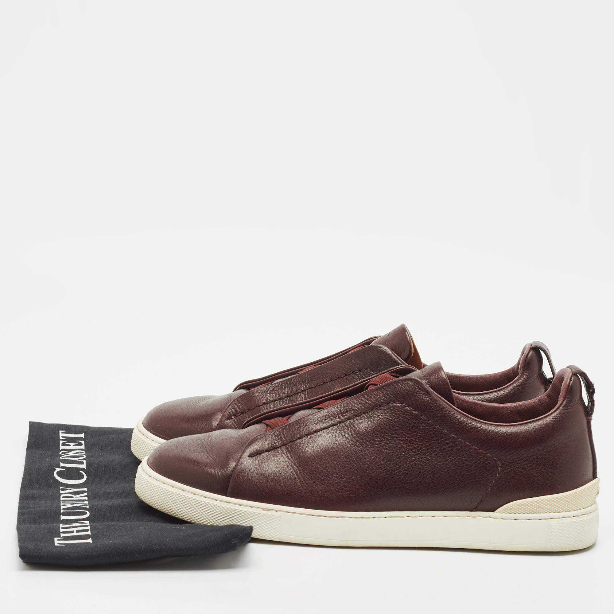 Pre Owned Ermenegildo Zegna Brown Leather Triple Stitch Slip On Sneakers Size 41