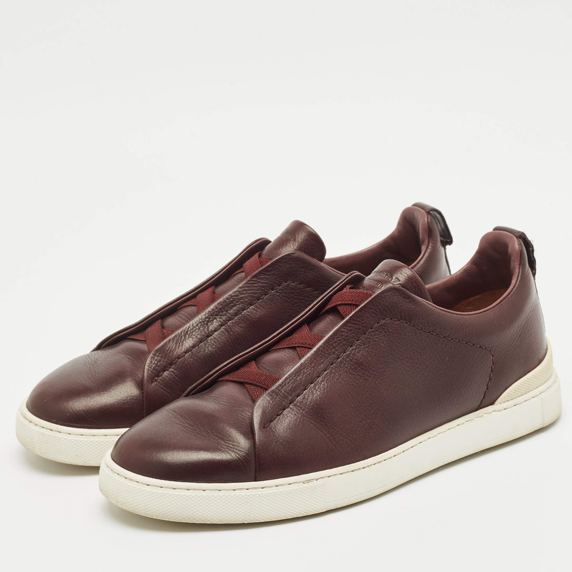 Pre Owned Ermenegildo Zegna Brown Leather Triple Stitch Slip On Sneakers Size 41