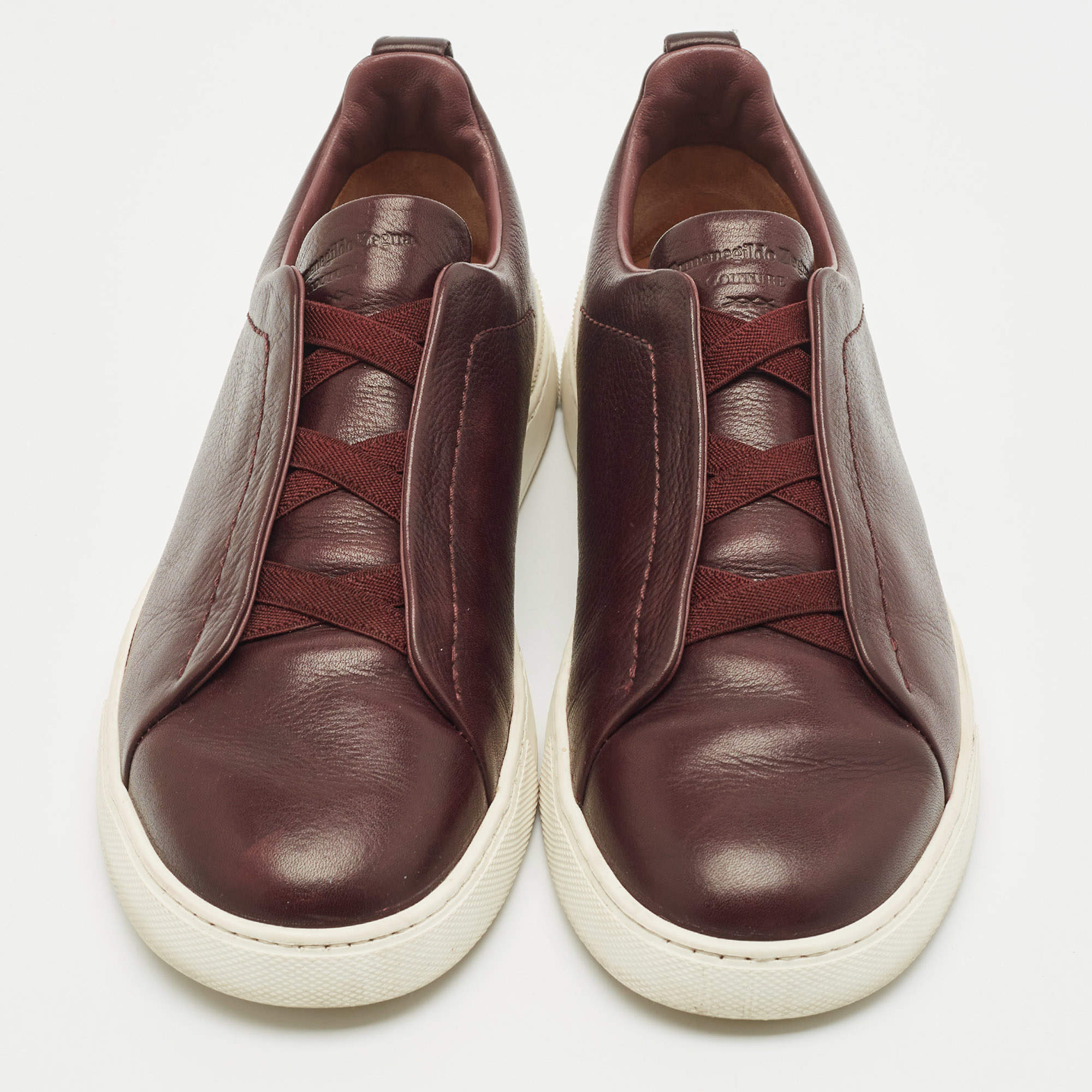 Pre Owned Ermenegildo Zegna Brown Leather Triple Stitch Slip On Sneakers Size 41