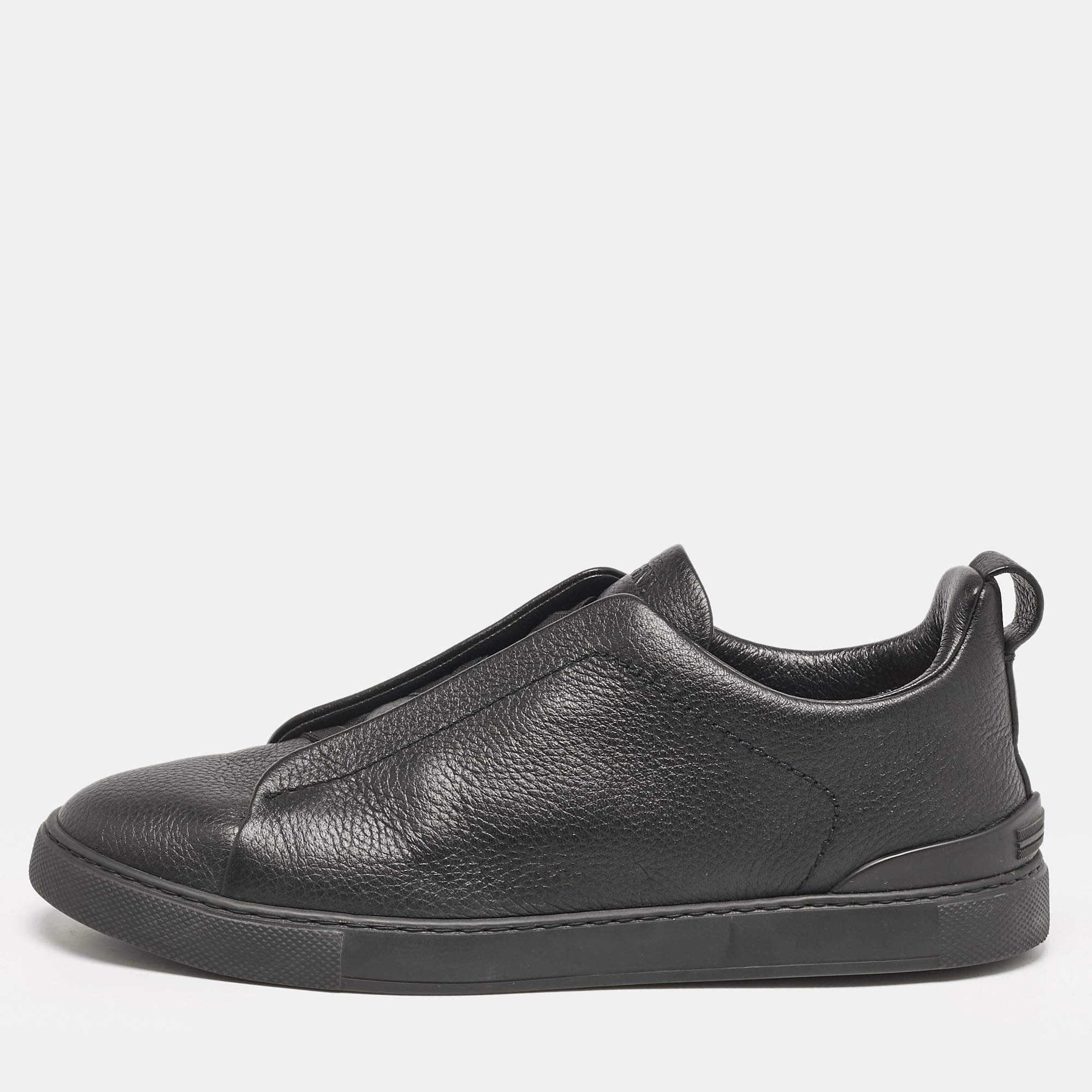 Pre Owned Ermenegildo Zegna Black Leather Triple Stitch Slip On Sneakers Size 42.5