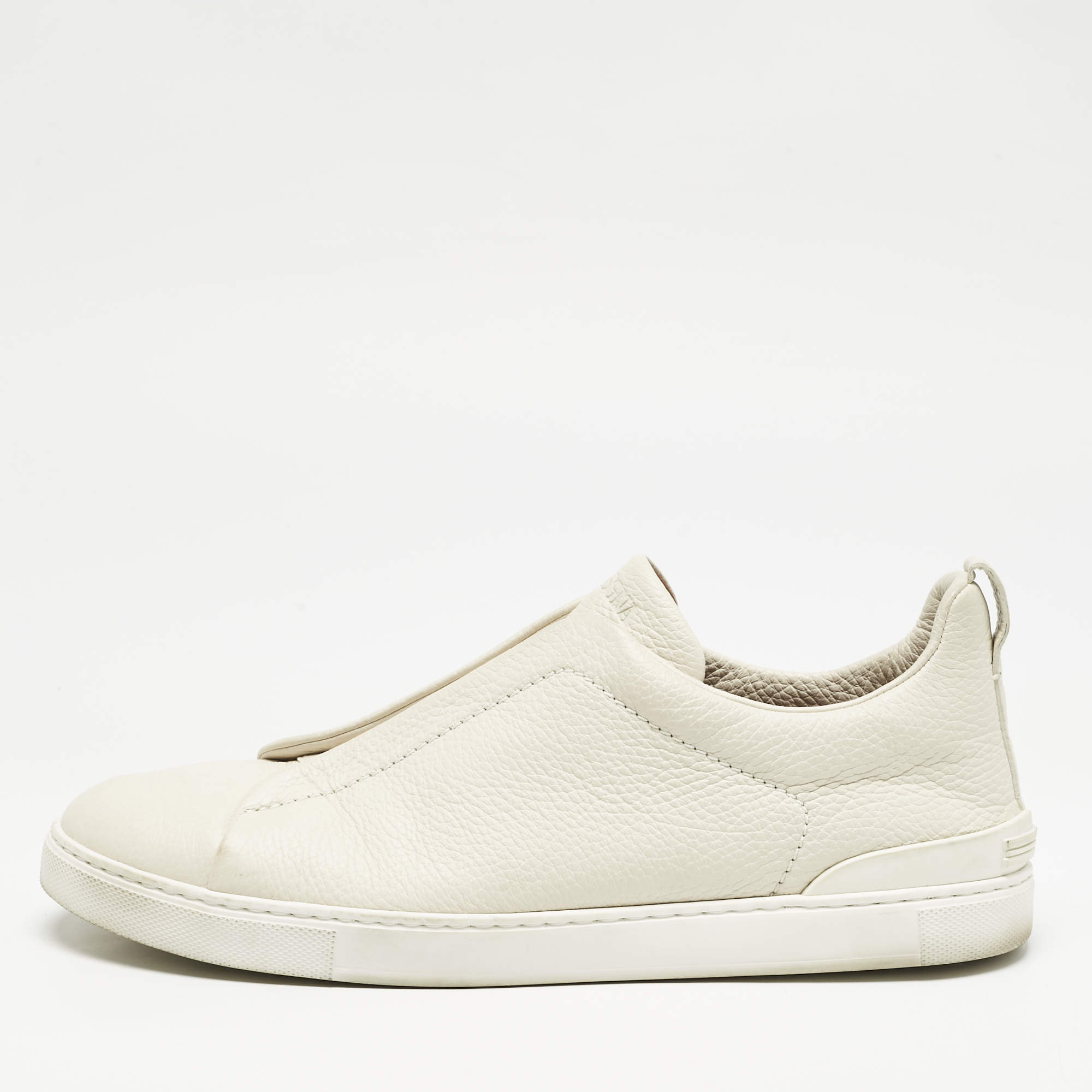 Pre Owned Ermenegildo Zegna Cream Leather triple stitch Slip On Sneakers Size 45