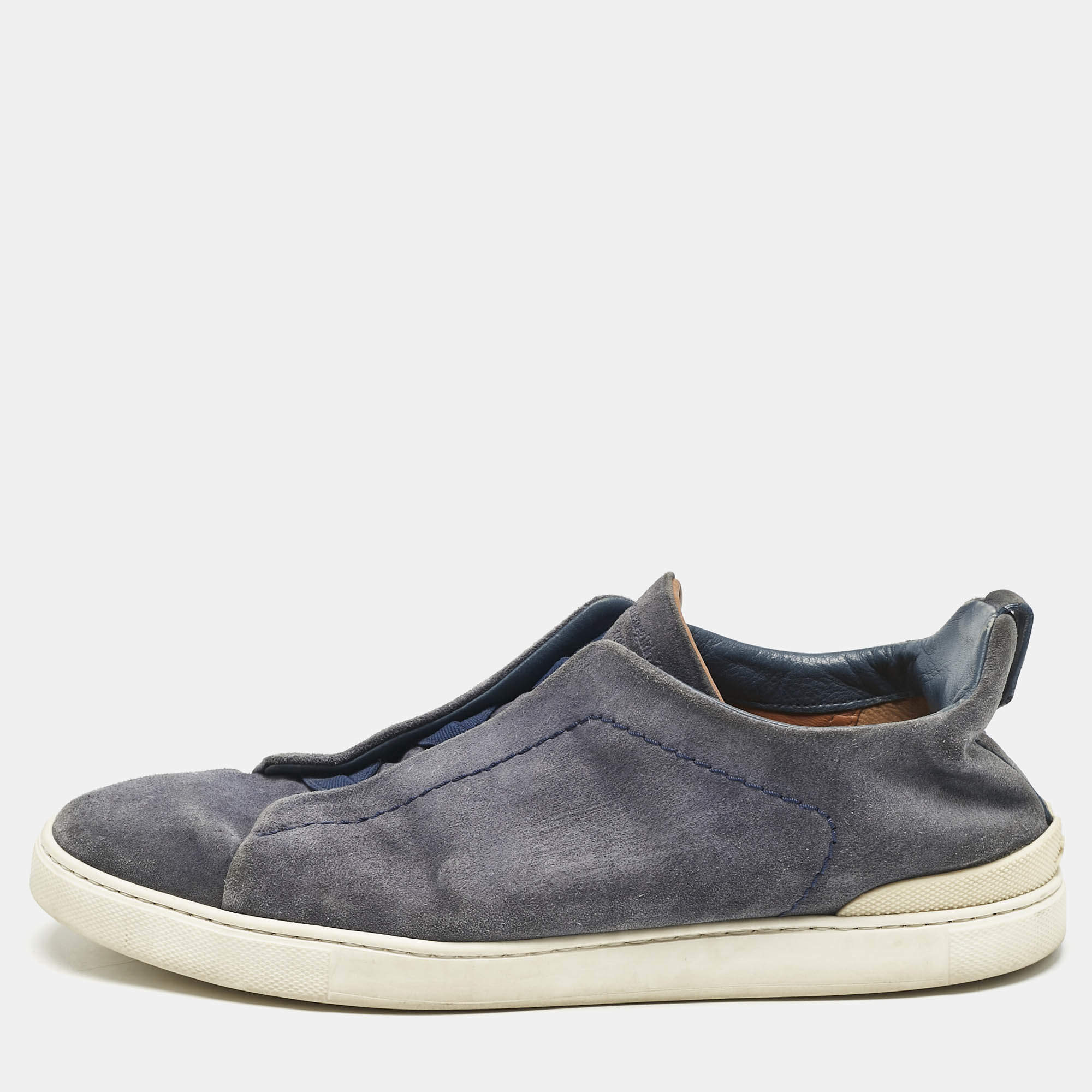 Ermenegildo Zegna Navy Blue Suede Triple Stitch Slip On Sneakers Size 42.5