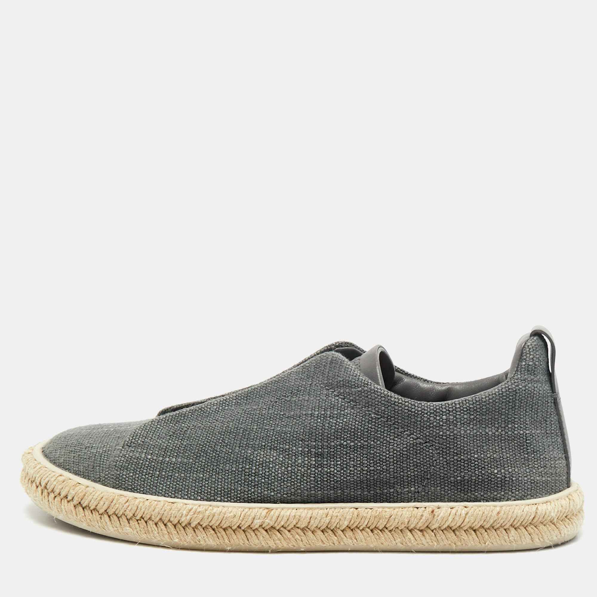 Pre Owned Ermenegildo Zegna Grey Canvas and Leather Triple Stitch Espadrilles Size 44.5