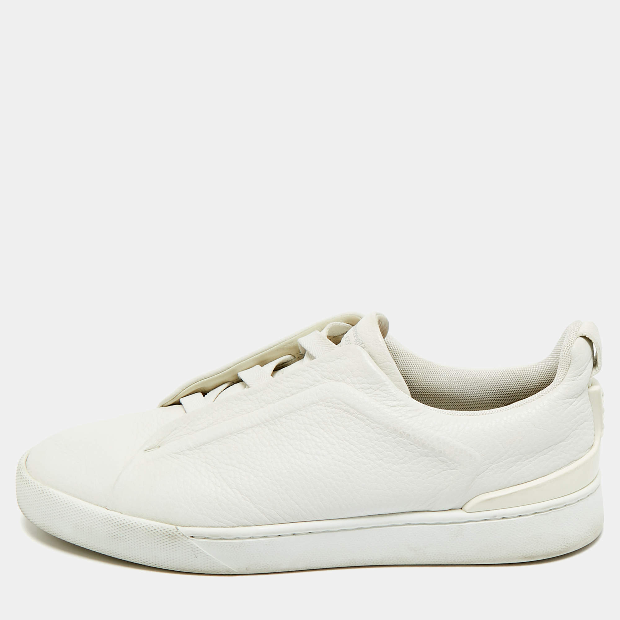 Pre Owned Ermenegildo Zegna Couture White Leather Triple Stitch Low Top Sneakers Size 43