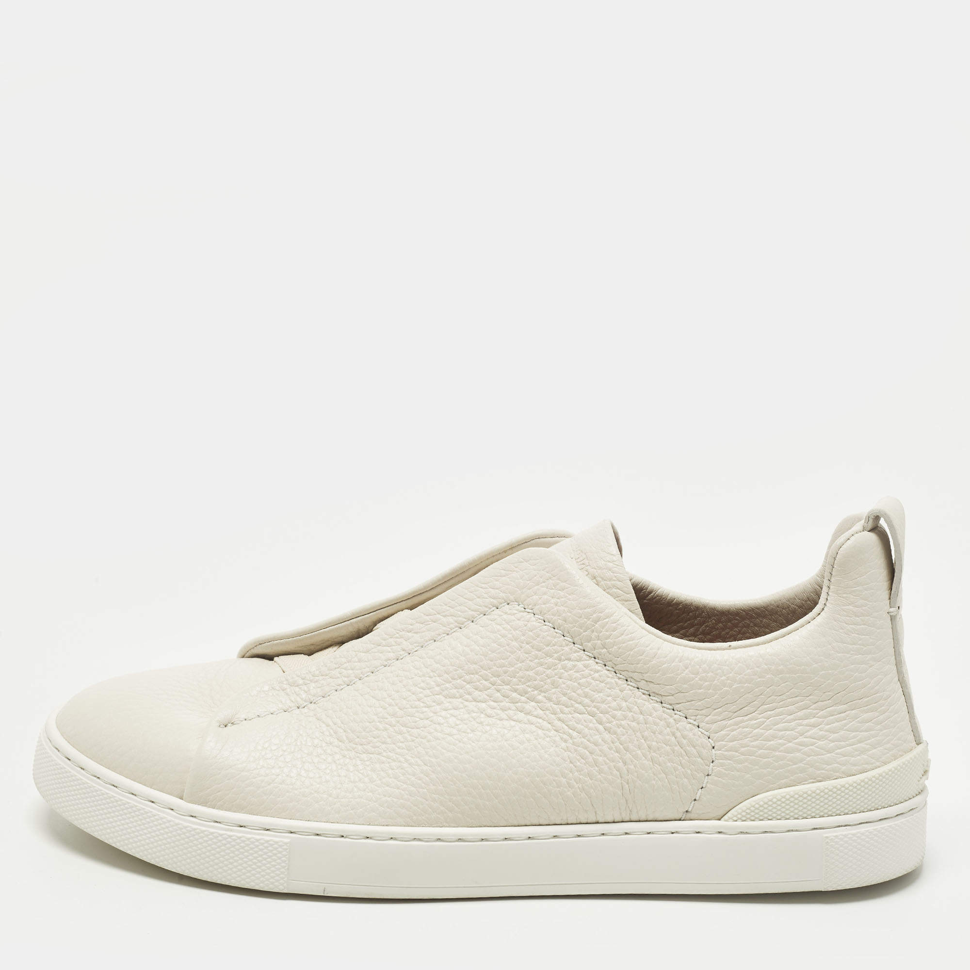Pre Owned Ermenegildo Zegna Triple Stitch Size 41 Cream Leather Slip On Sneakers
