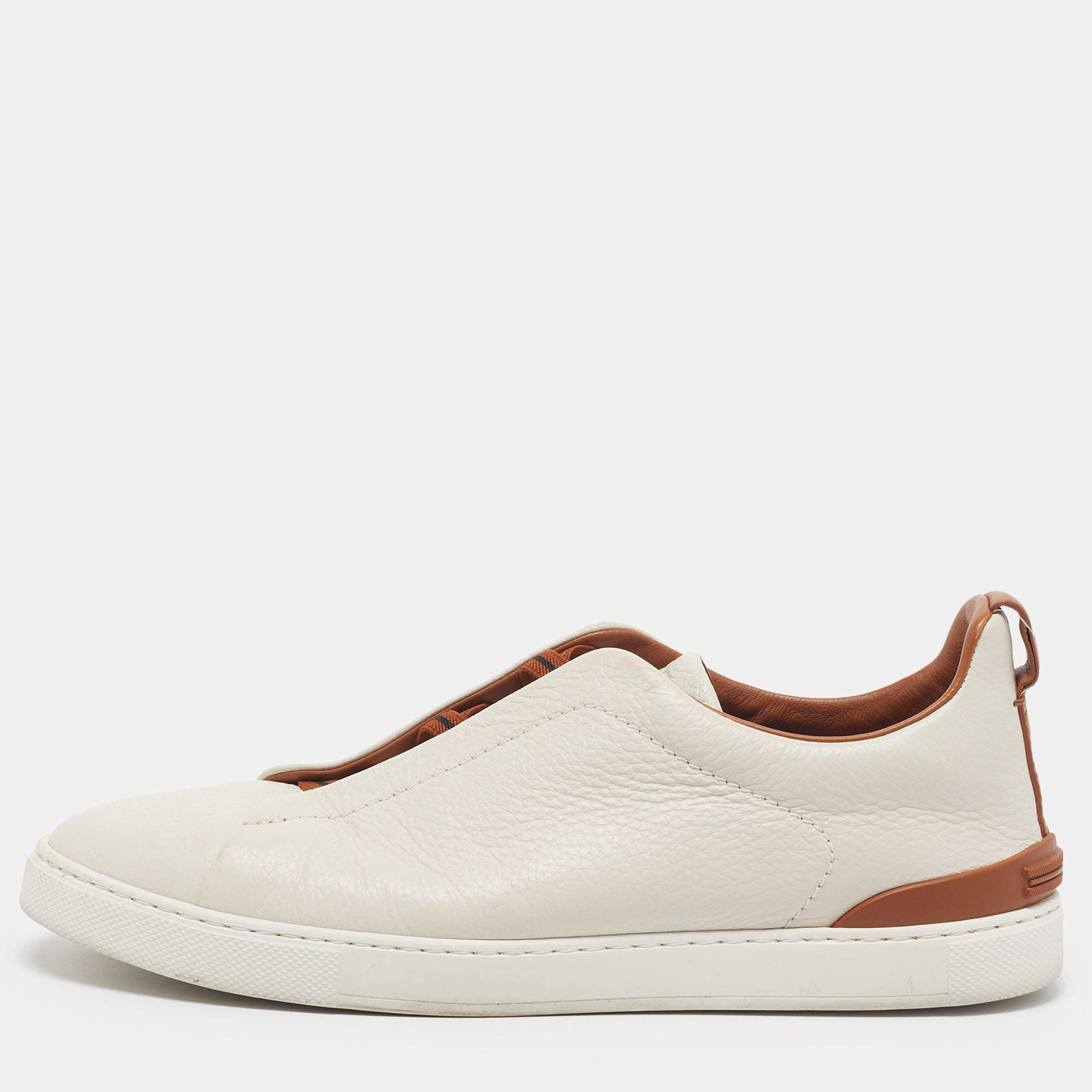 Pre Owned Ermenegildo Zegna Triple Stitch Size 42.5 Cream Leather Slip On Sneakers