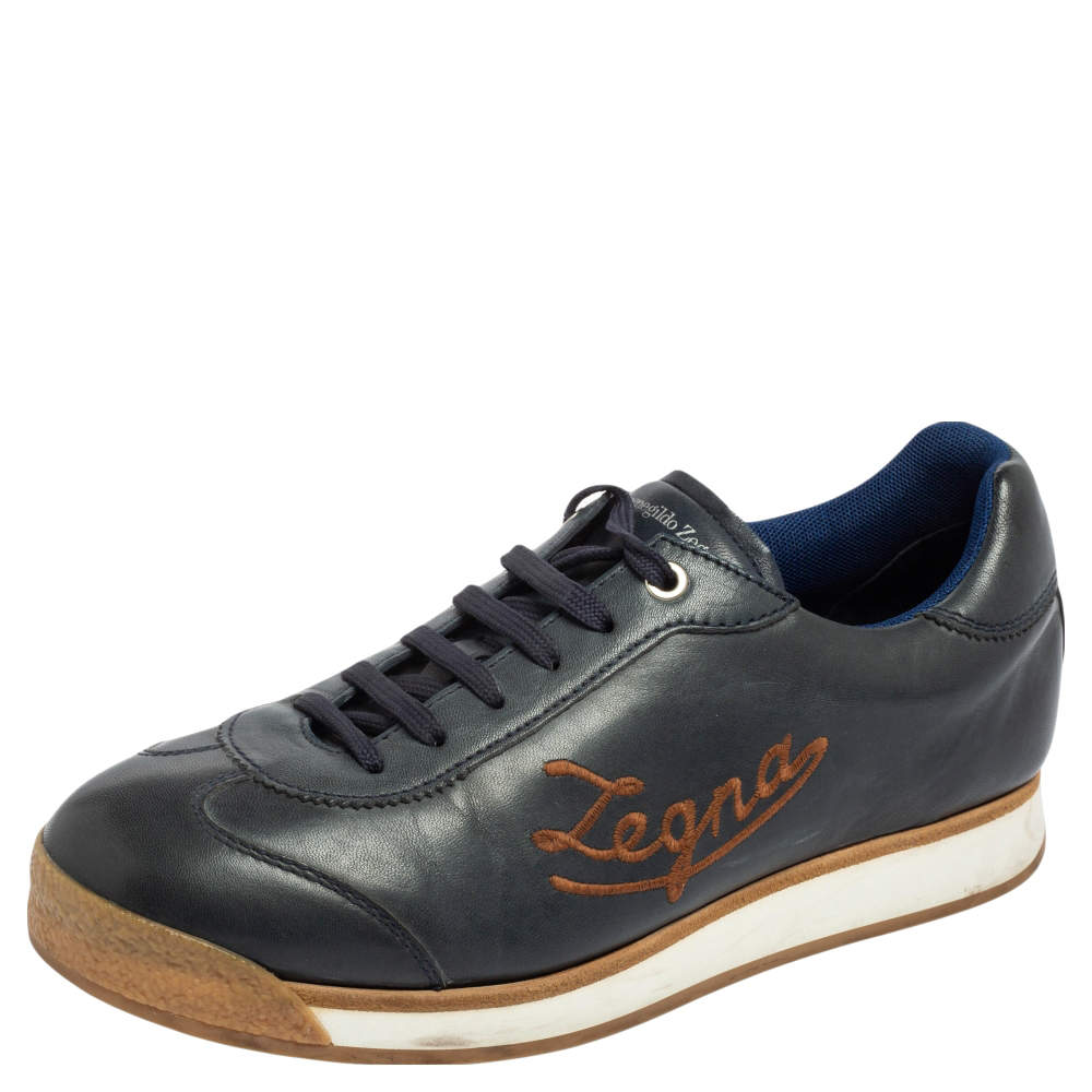 Pre Owned Ermenegildo Zegna Navy Blue Leather Lace Up Sneakers Size 42.5 