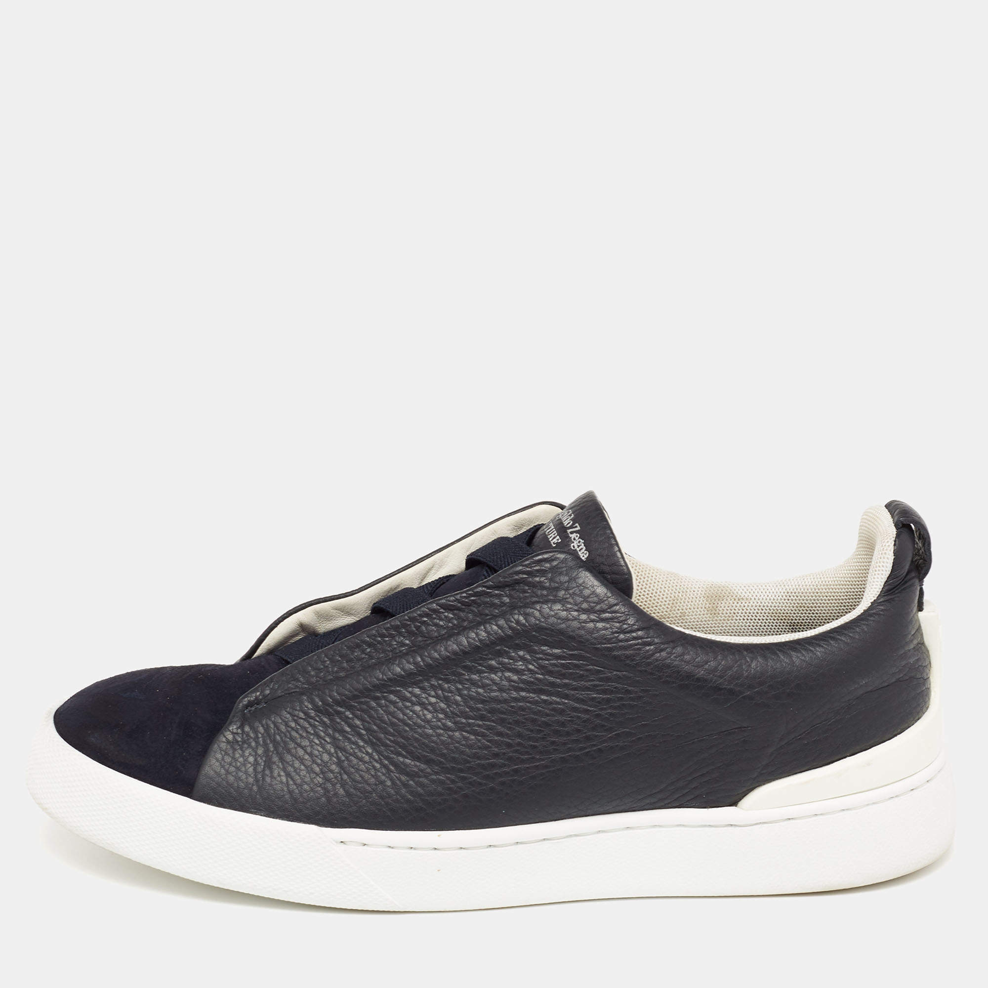 Pre Owned Ermenegildo Zegna Black/Navy Blue Leather and Suede Triple Stitch Slip-On Sneakers Size 40