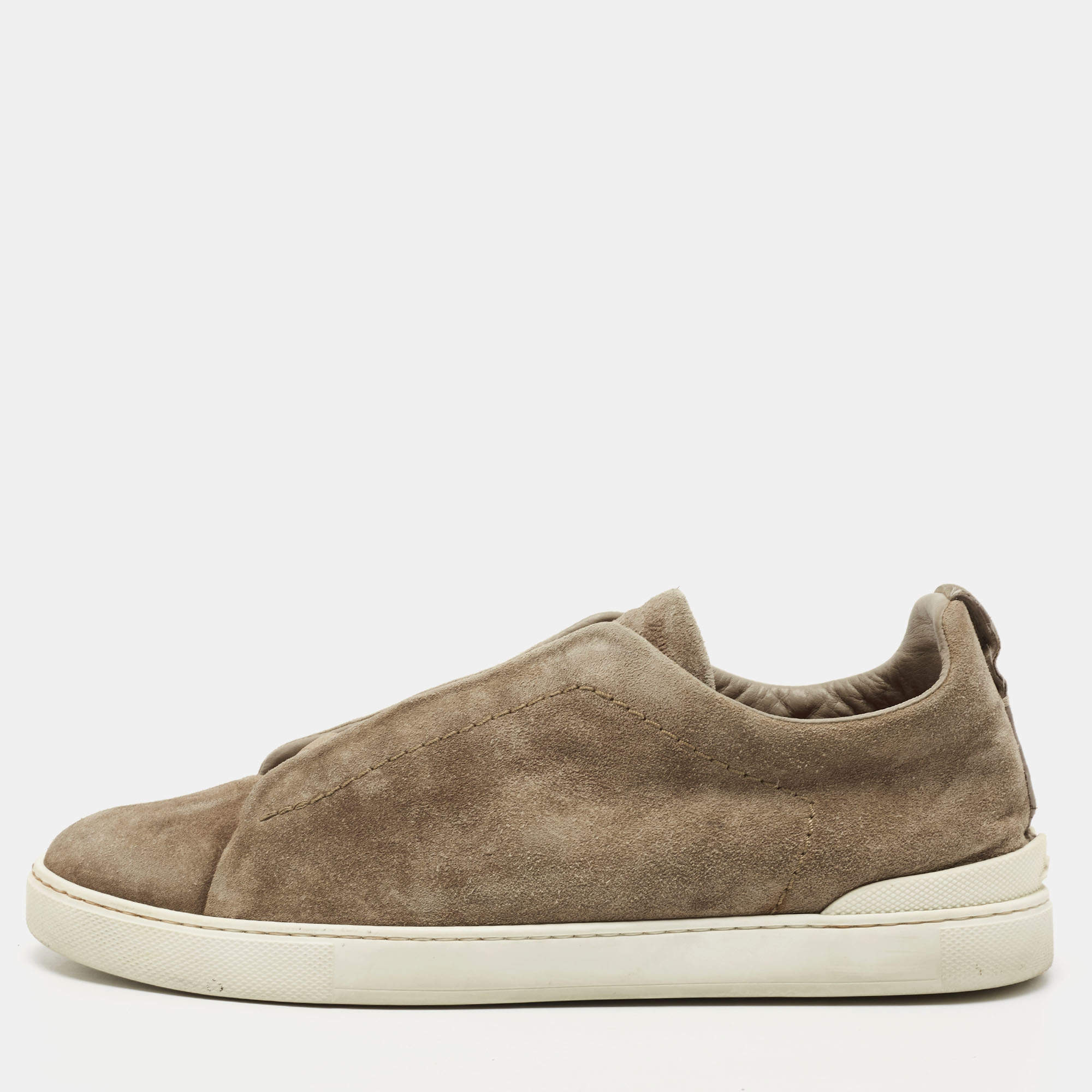 Ermenegildo Zegna Brown Suede Triple Stitch Slip On Sneakers