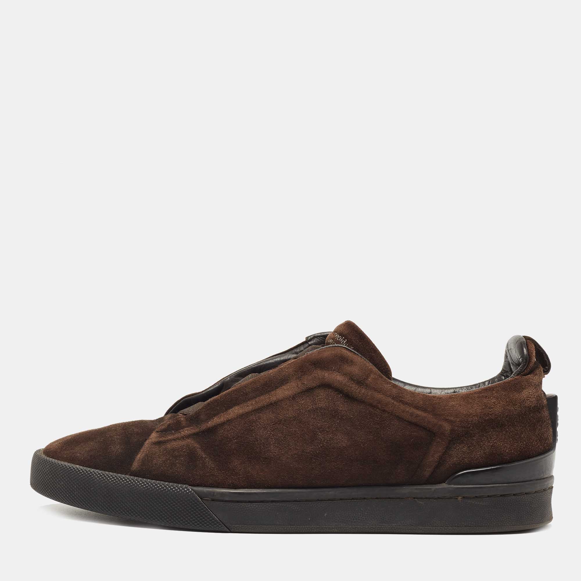 Pre Owned Ermenegildo Zegna Brown Suede Triple Stitch Slip On Sneakers Size 41