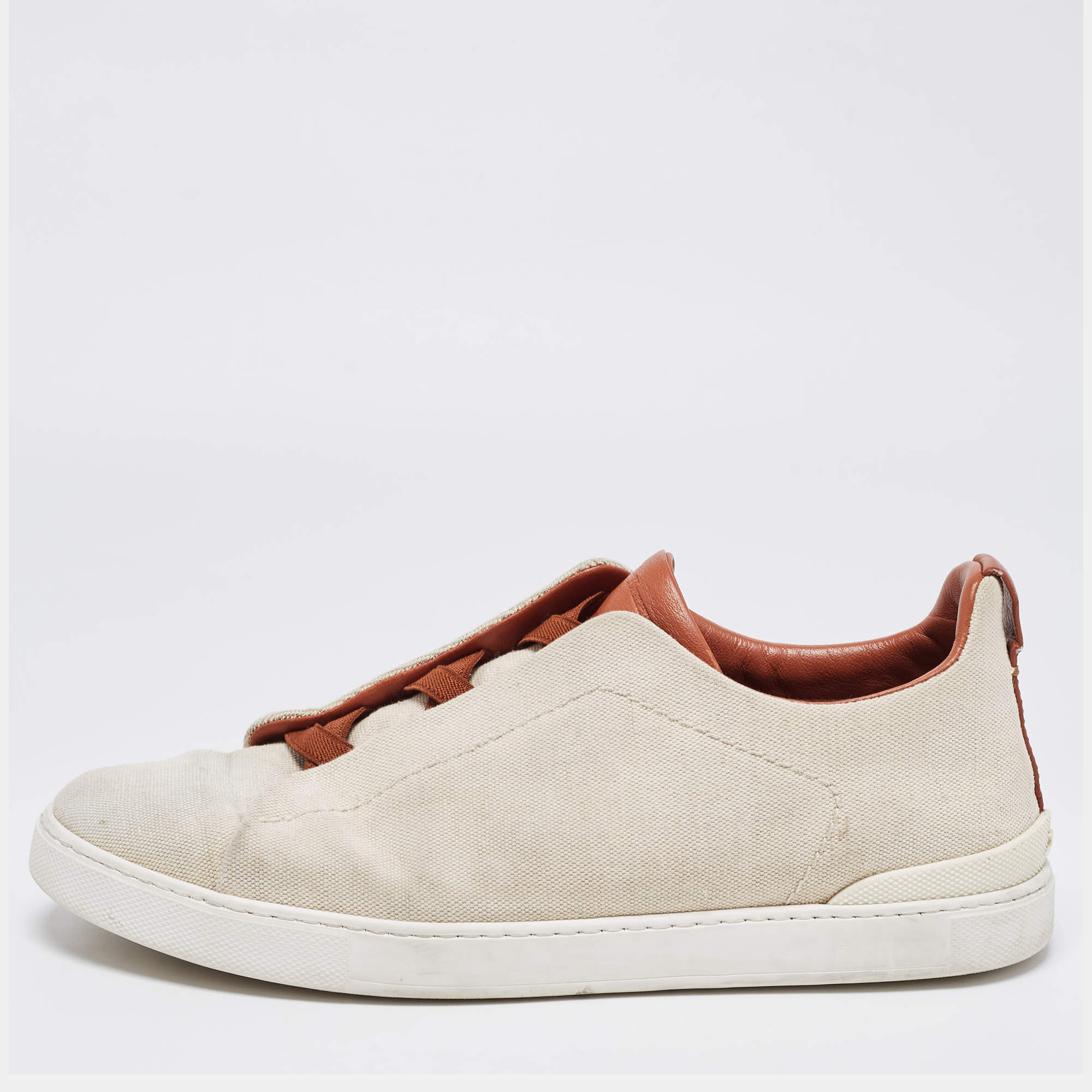 Ermenegildo Zegna Beige/Brown Canvas and Leather Triple Stitch Sneakers Size 44
