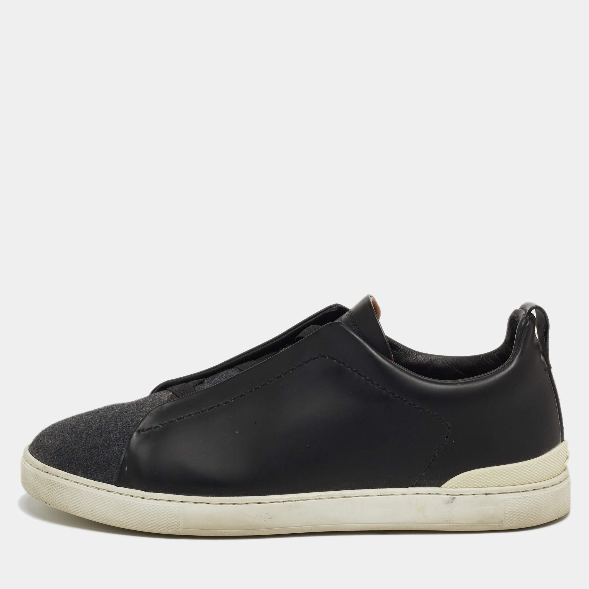مملوكة مسبقًا Ermenegildo Zegna Black Leather and Felt Triple Stitch Sneakers Size 43.5