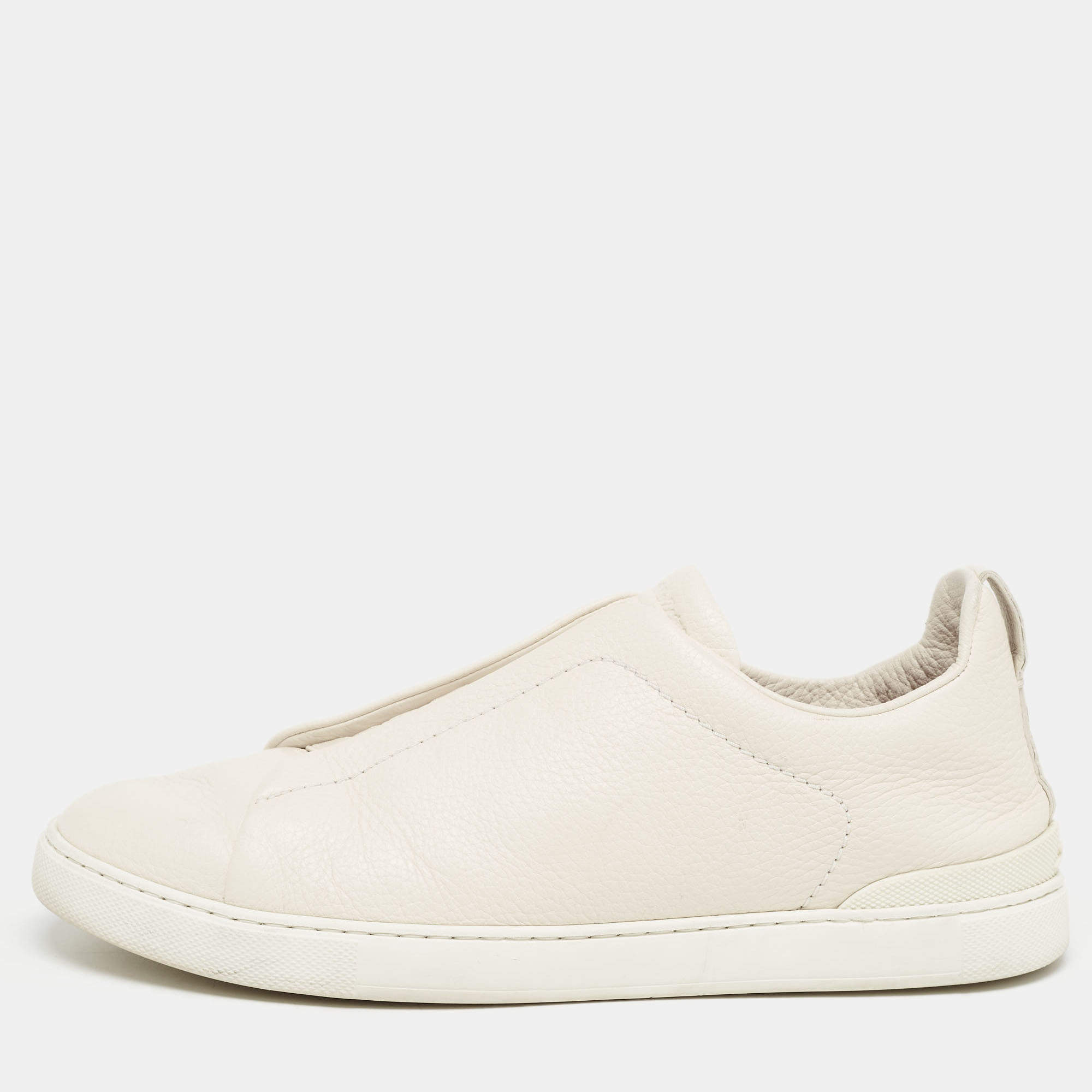 Pre Owned Ermenegildo Zegna Cream Leather Triple Stitch Low Top Sneakers Size 44