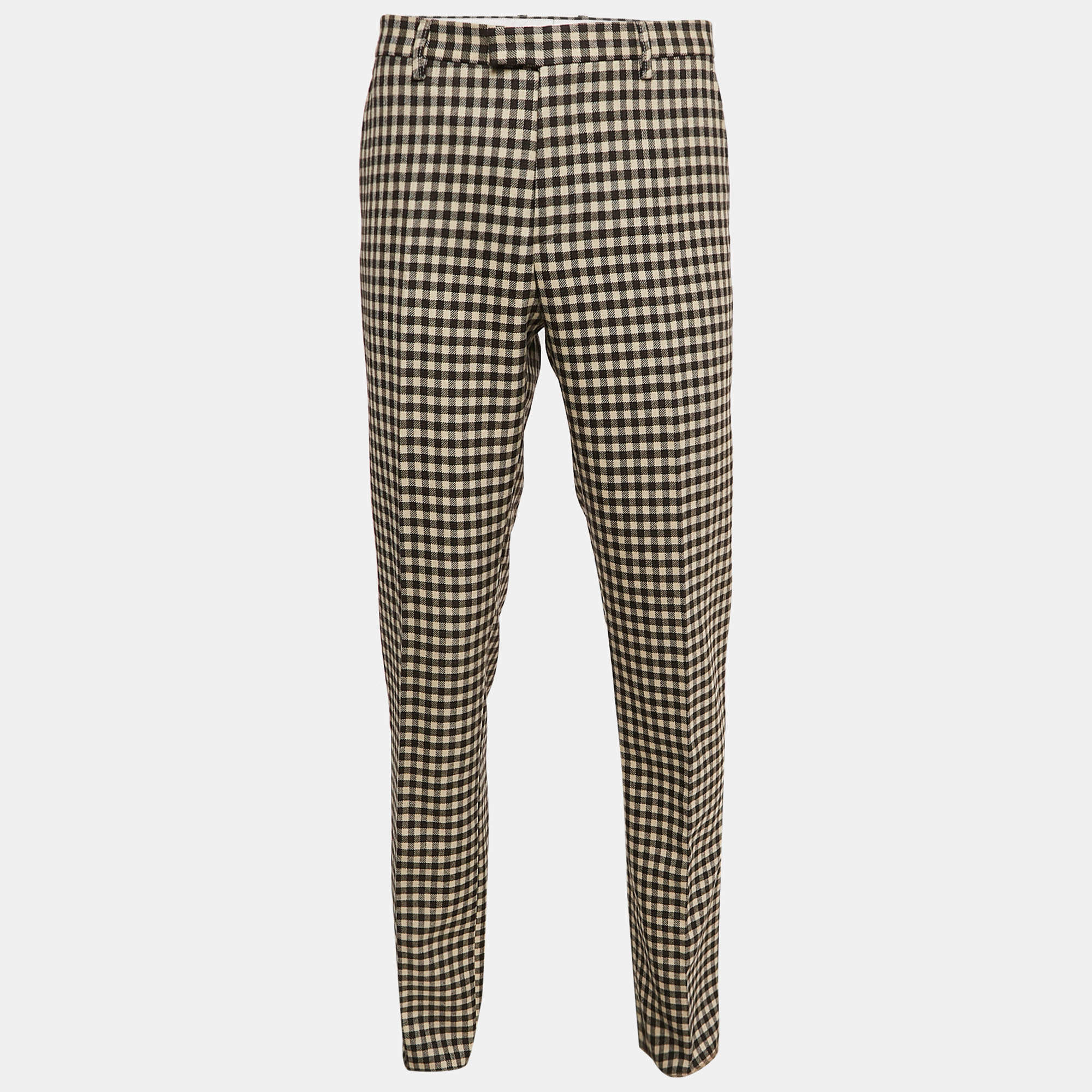Pre Owned Etro Brown/Beige Gingham Wool Trousers L