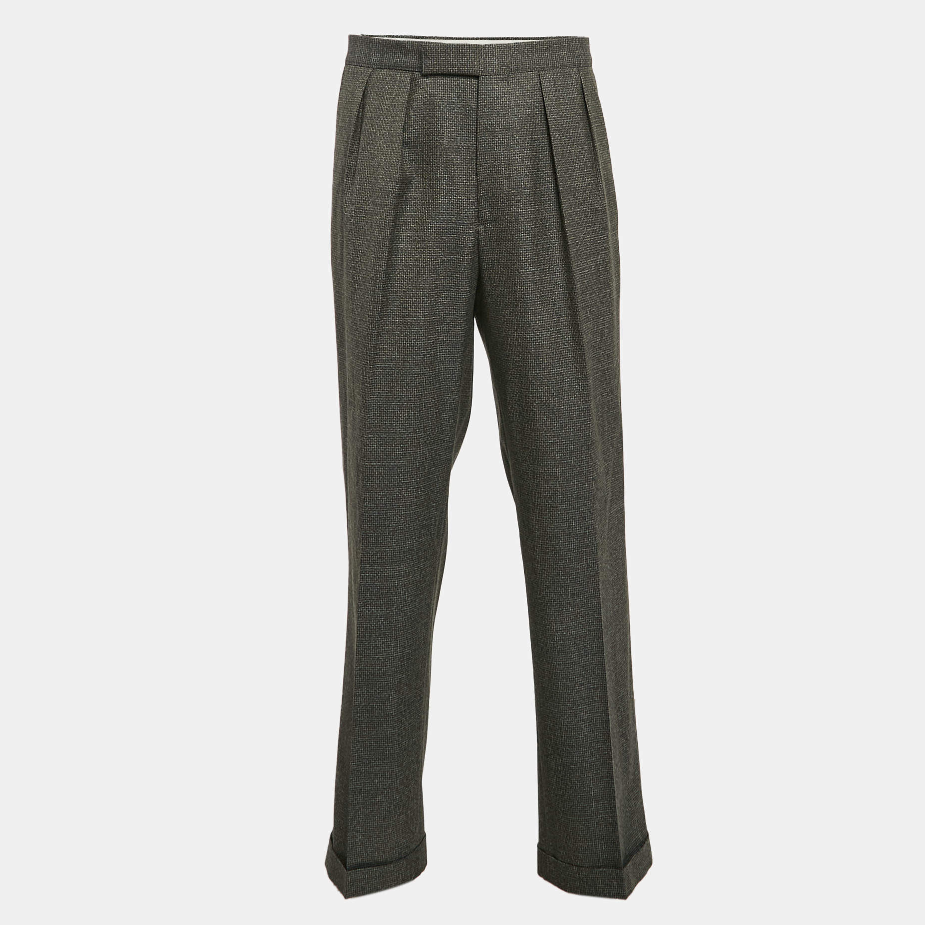 Etro Grey Patterned Wool Pleated Formal Trousers XXL